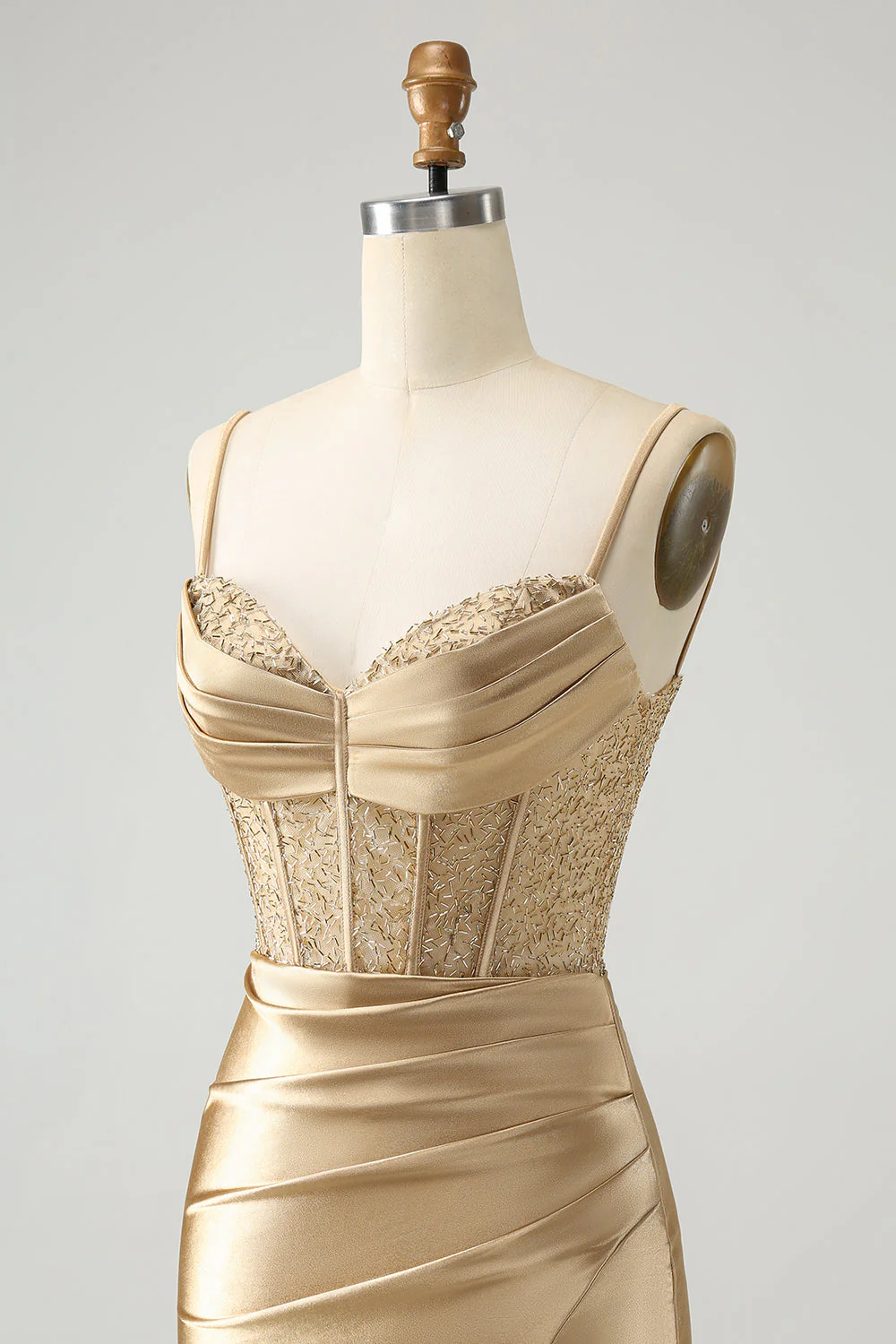 Golden Spaghetti Straps Bodycon Corset Satin Graduation Dress with Slit - Image 3