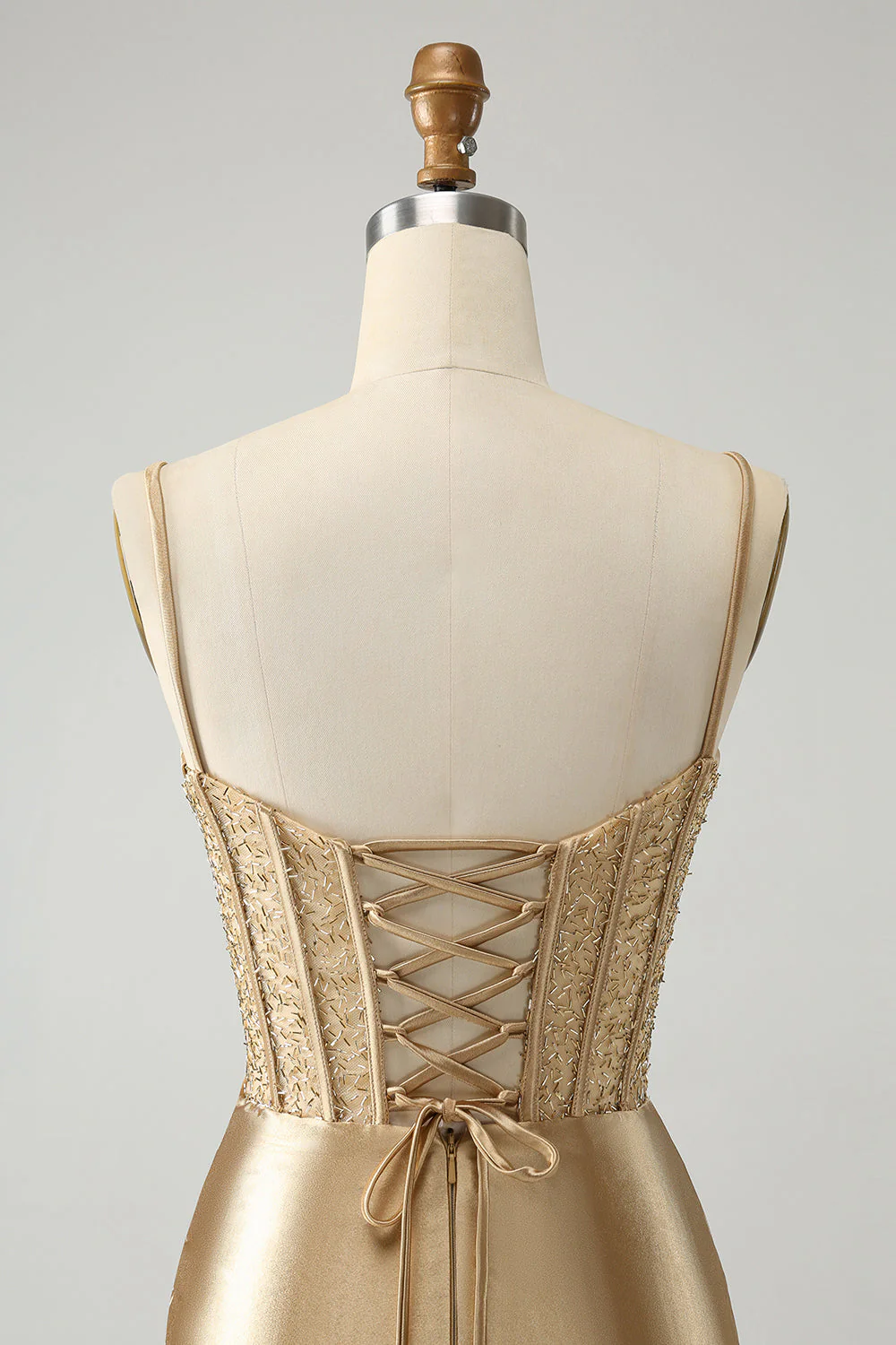 Golden Spaghetti Straps Bodycon Corset Satin Graduation Dress with Slit - Image 5