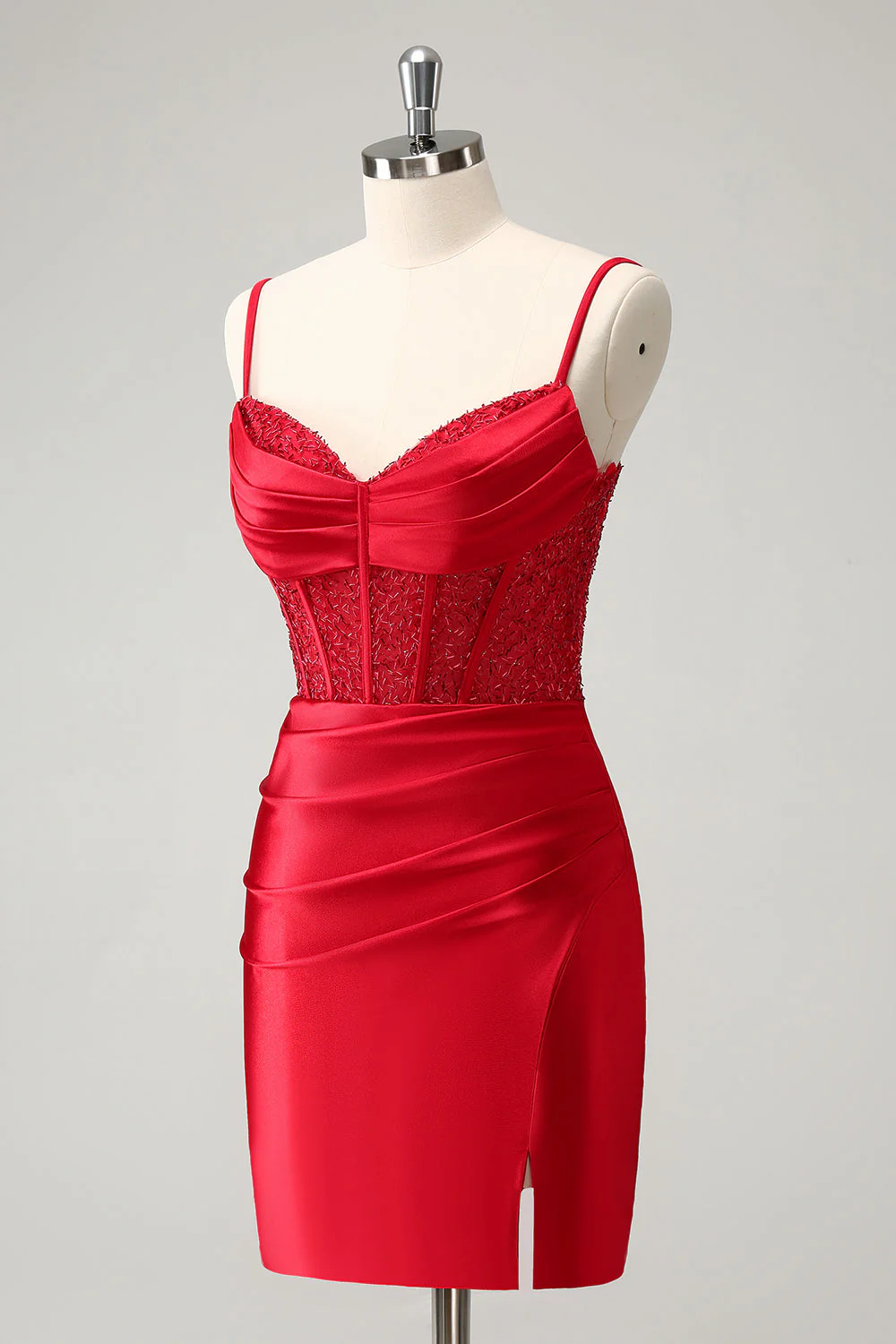 Golden Spaghetti Straps Bodycon Corset Satin Graduation Dress with Slit - Image 9