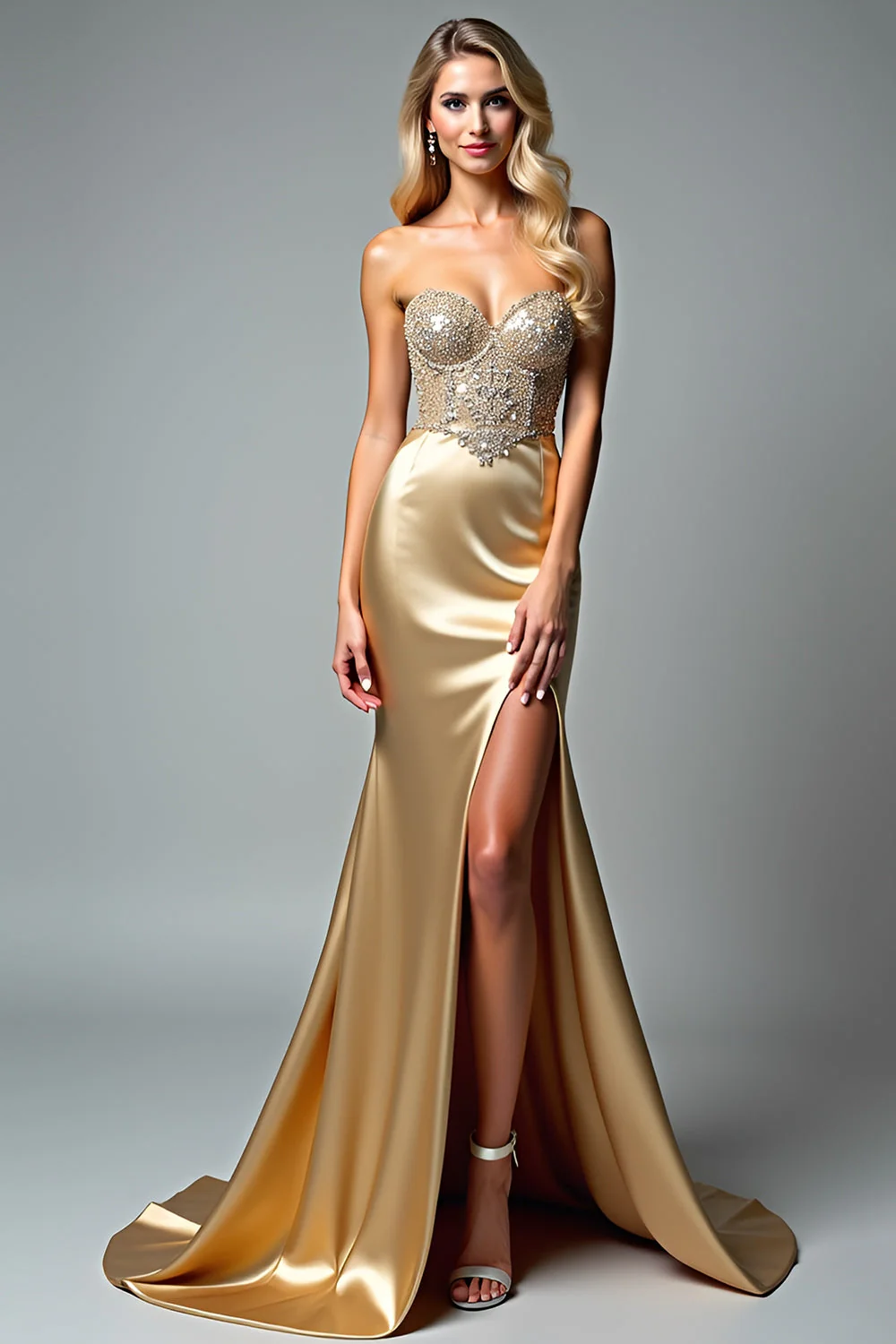 Golden Strapless Beaded Mermaid Prom Dress with Slit - Image 3