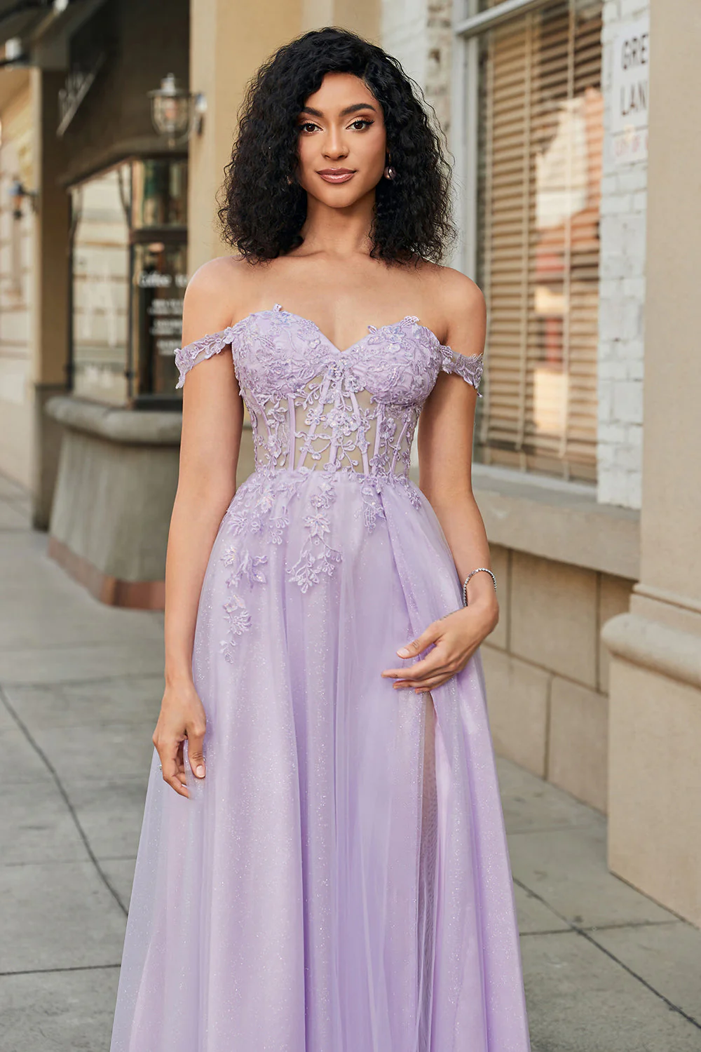 Gorgeous A Line Off the Shoulder Purple Corset Prom Dress with Appliques - Image 6