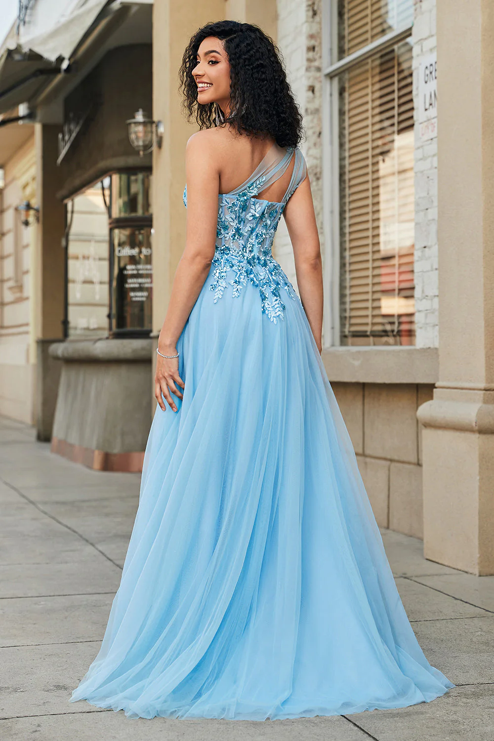 Gorgeous A Line One Shoulder Light Blue Corset Prom Dress with Appliques - Image 2