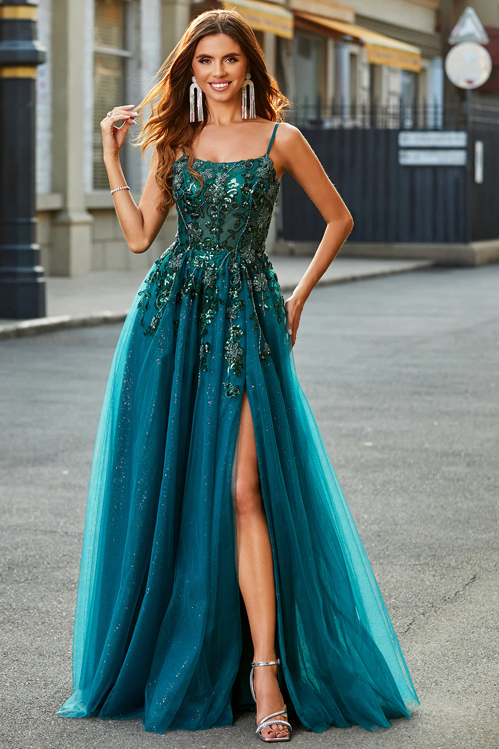 Gorgeous A Line Spaghetti Straps Dark Green Long Prom Dress with Appliques - Image 5