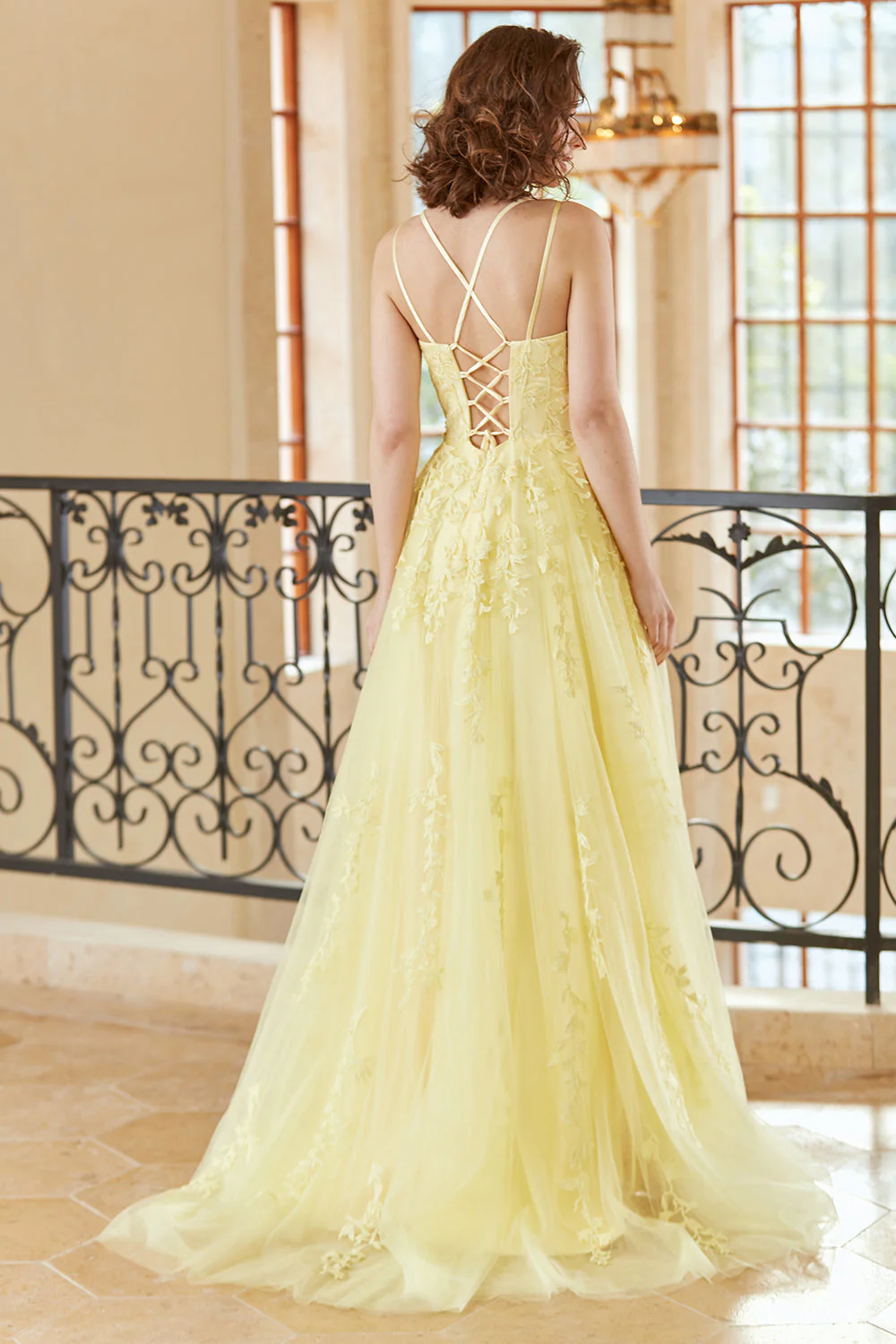 Gorgeous A Line Spaghetti Straps Yellow Long Prom Dress with Appliques - Image 2