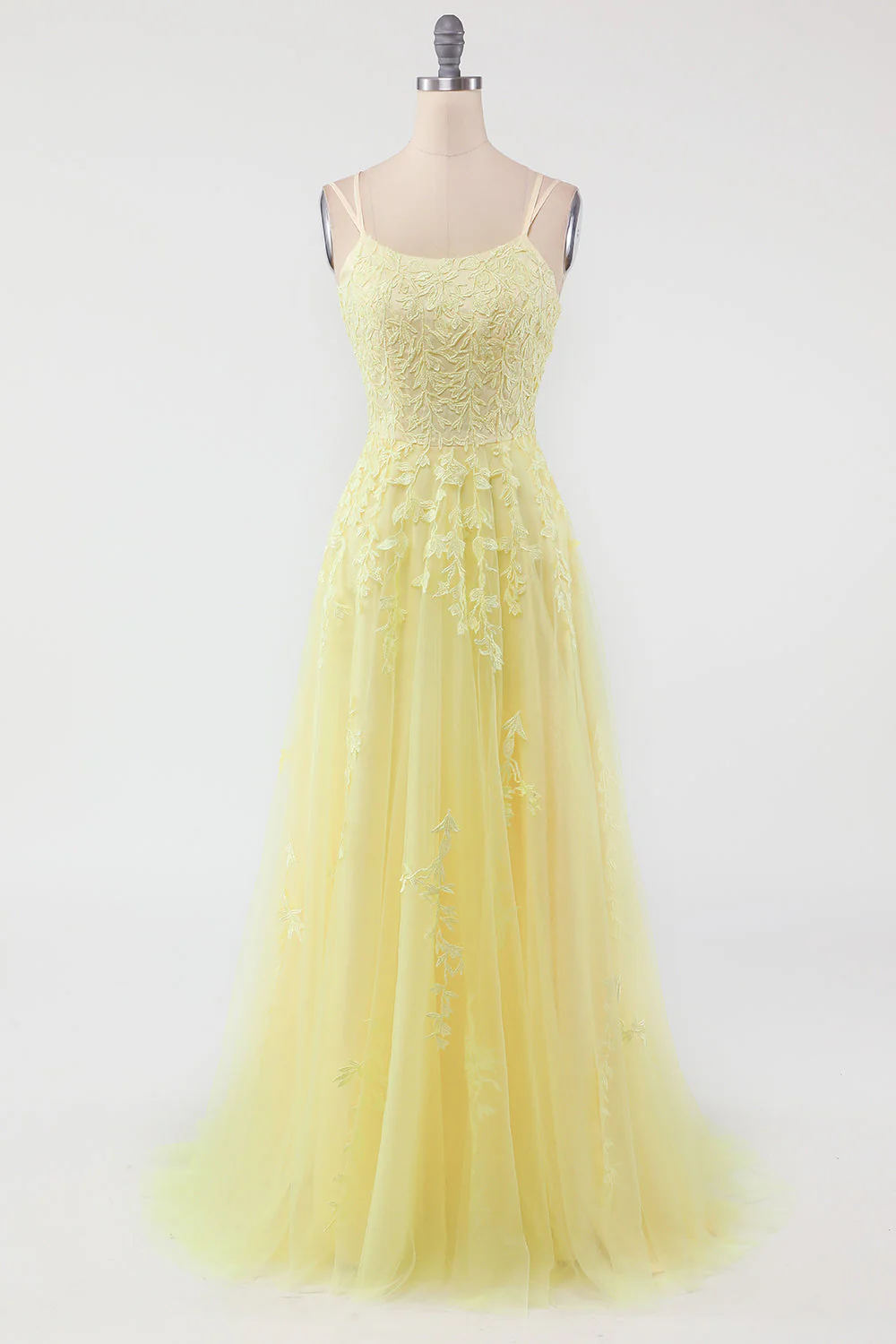 Gorgeous A Line Spaghetti Straps Yellow Long Prom Dress with Appliques - Image 4