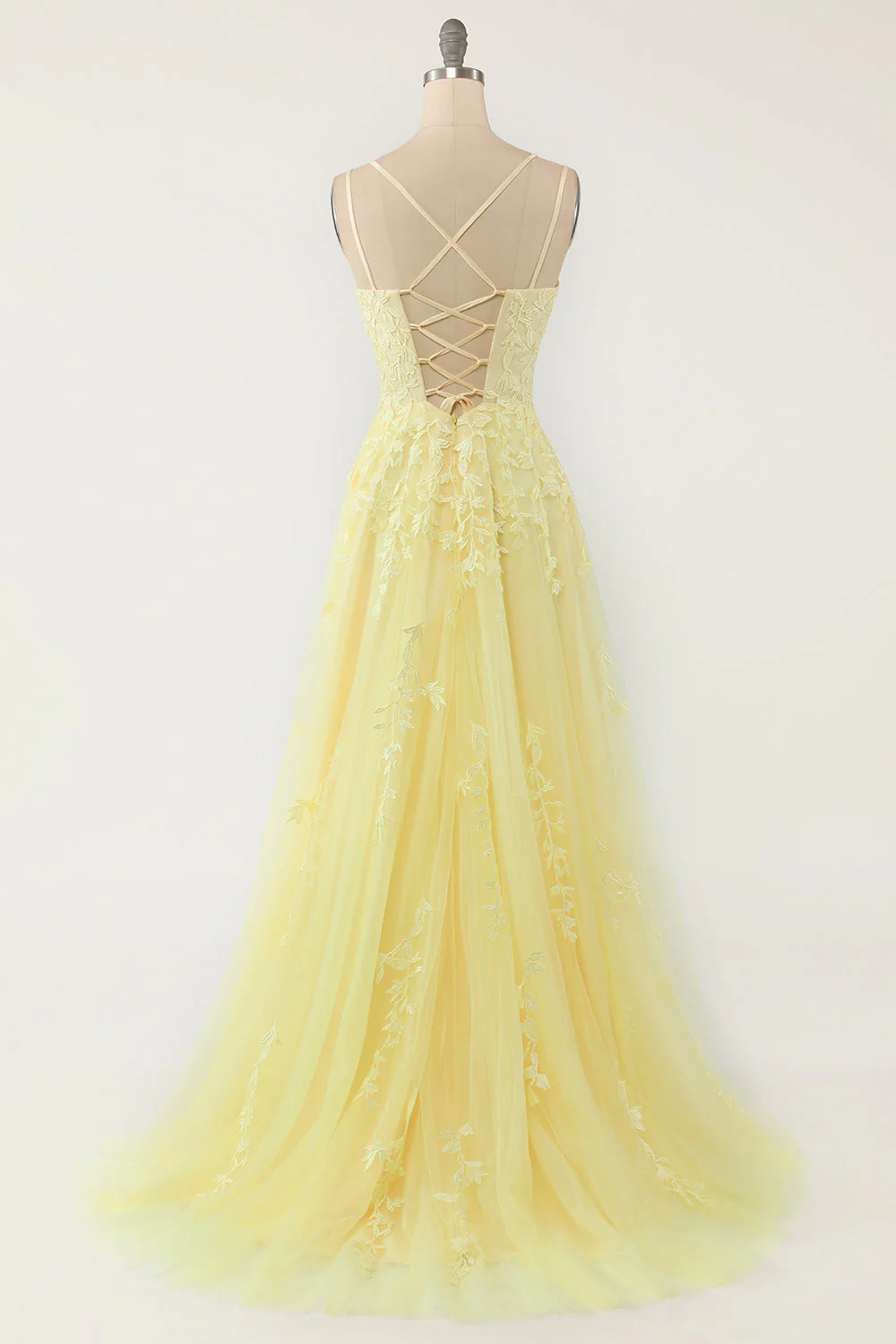 Gorgeous A Line Spaghetti Straps Yellow Long Prom Dress with Appliques - Image 5