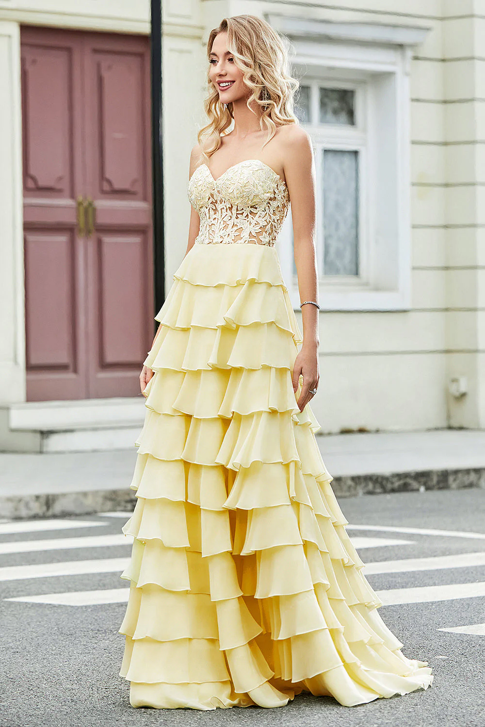 Gorgeous A Line Sweetheart Yellow Corset Prom Dress with Appliques Ruffles - Image 3