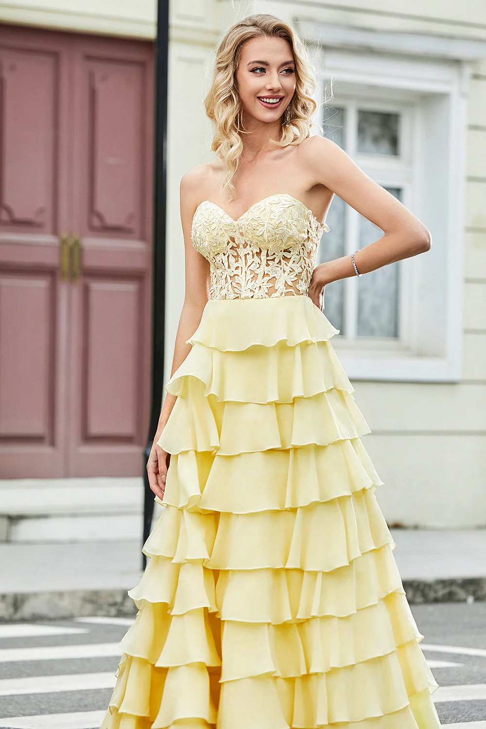 Gorgeous A Line Sweetheart Yellow Corset Prom Dress with Appliques Ruffles - Image 4