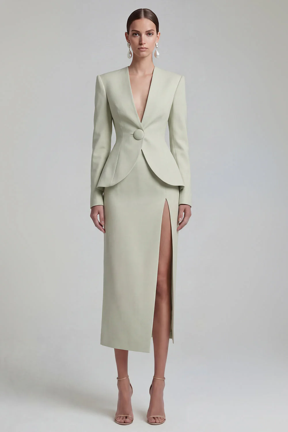Green 2 Piece Single Breasted Shawl Lapel Work Dress with Slit