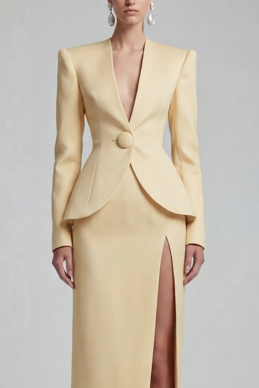 Green 2 Piece Single Breasted Shawl Lapel Work Dress with Slit - Image 11