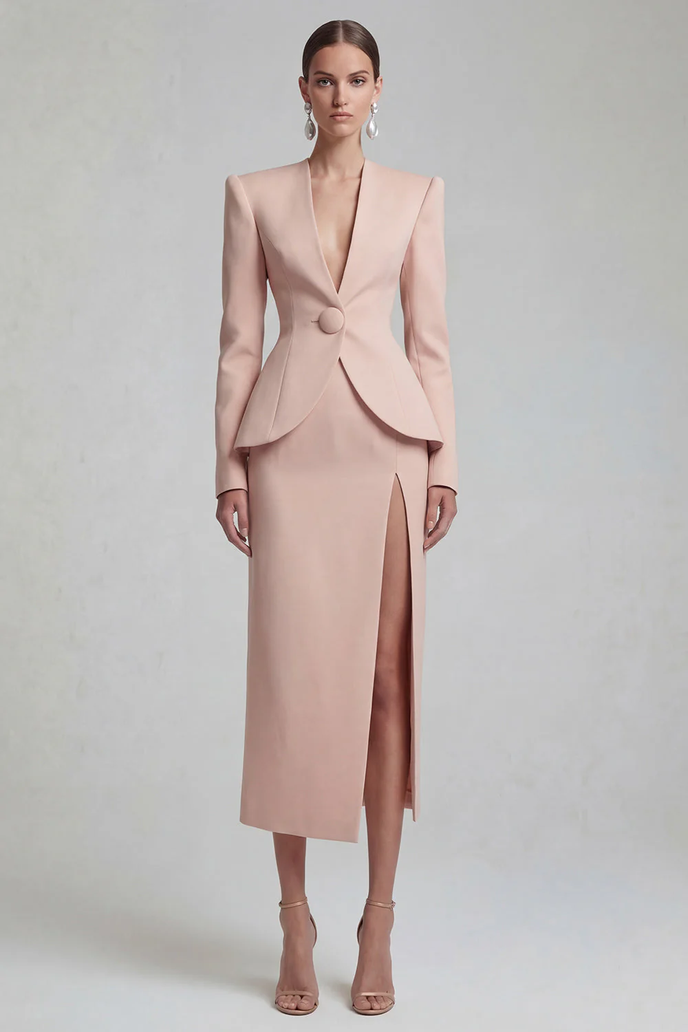 Green 2 Piece Single Breasted Shawl Lapel Work Dress with Slit - Image 13