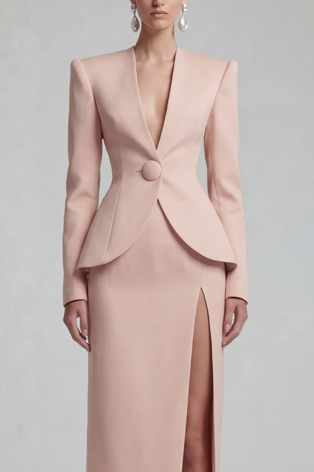 Green 2 Piece Single Breasted Shawl Lapel Work Dress with Slit - Image 15