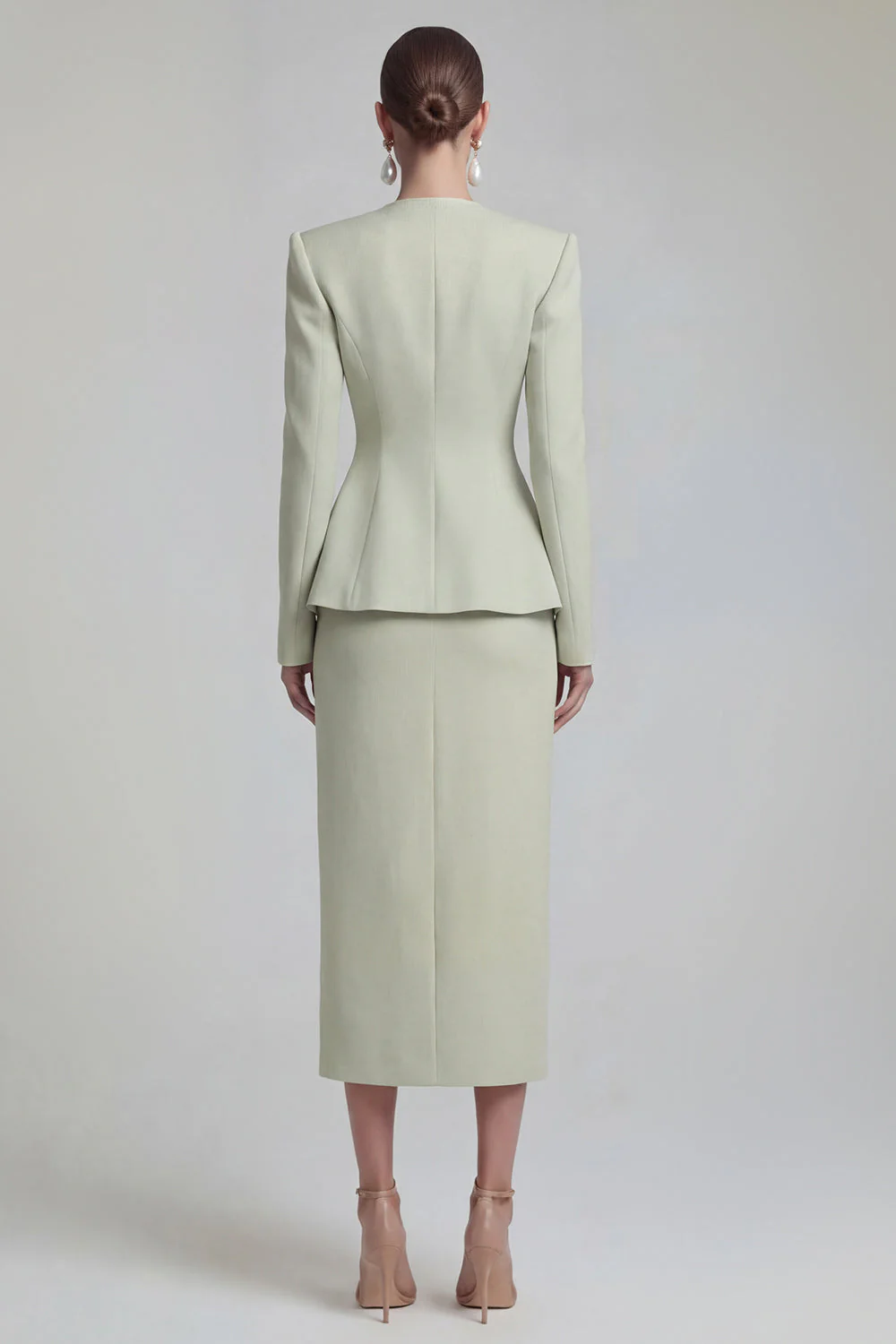 Green 2 Piece Single Breasted Shawl Lapel Work Dress with Slit - Image 2