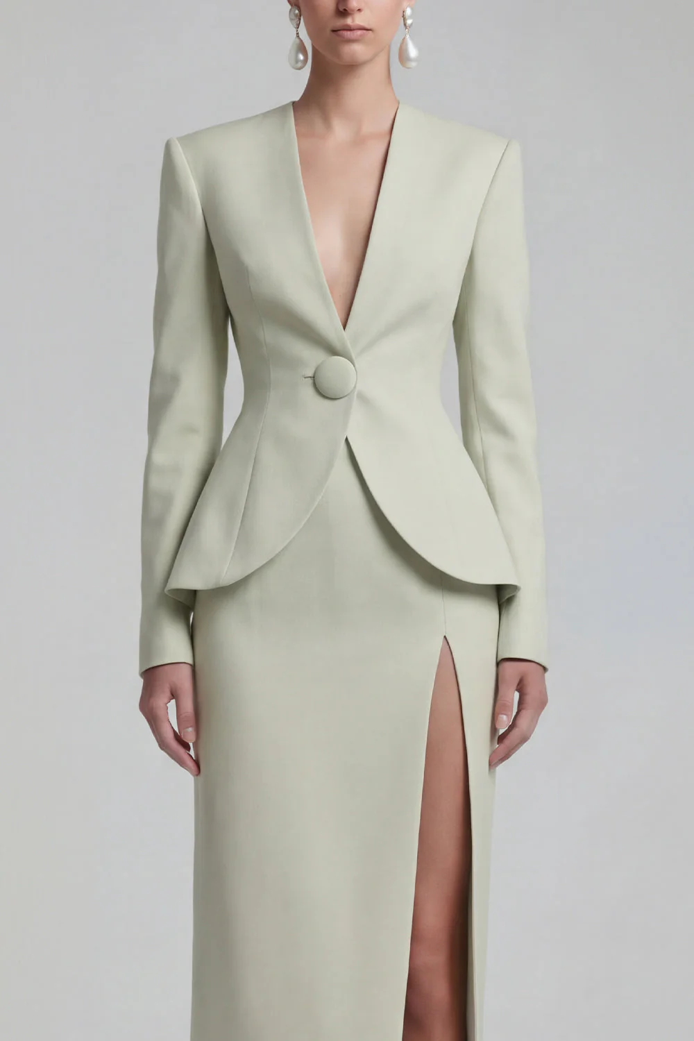Green 2 Piece Single Breasted Shawl Lapel Work Dress with Slit - Image 3