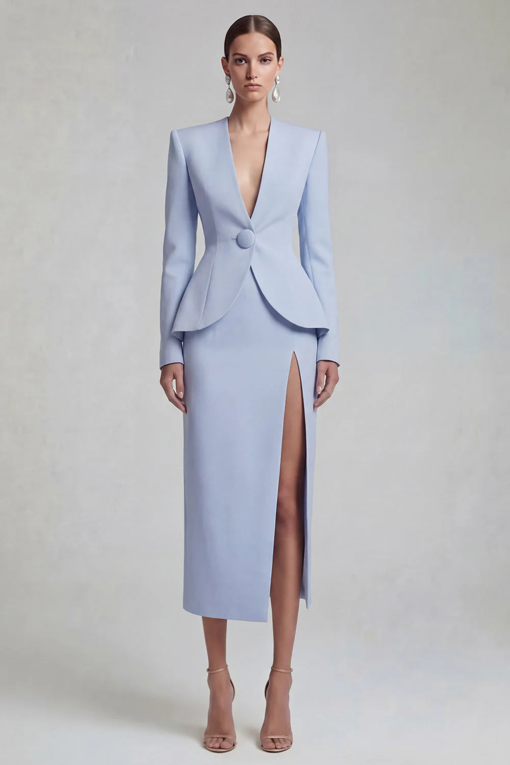 Green 2 Piece Single Breasted Shawl Lapel Work Dress with Slit - Image 5
