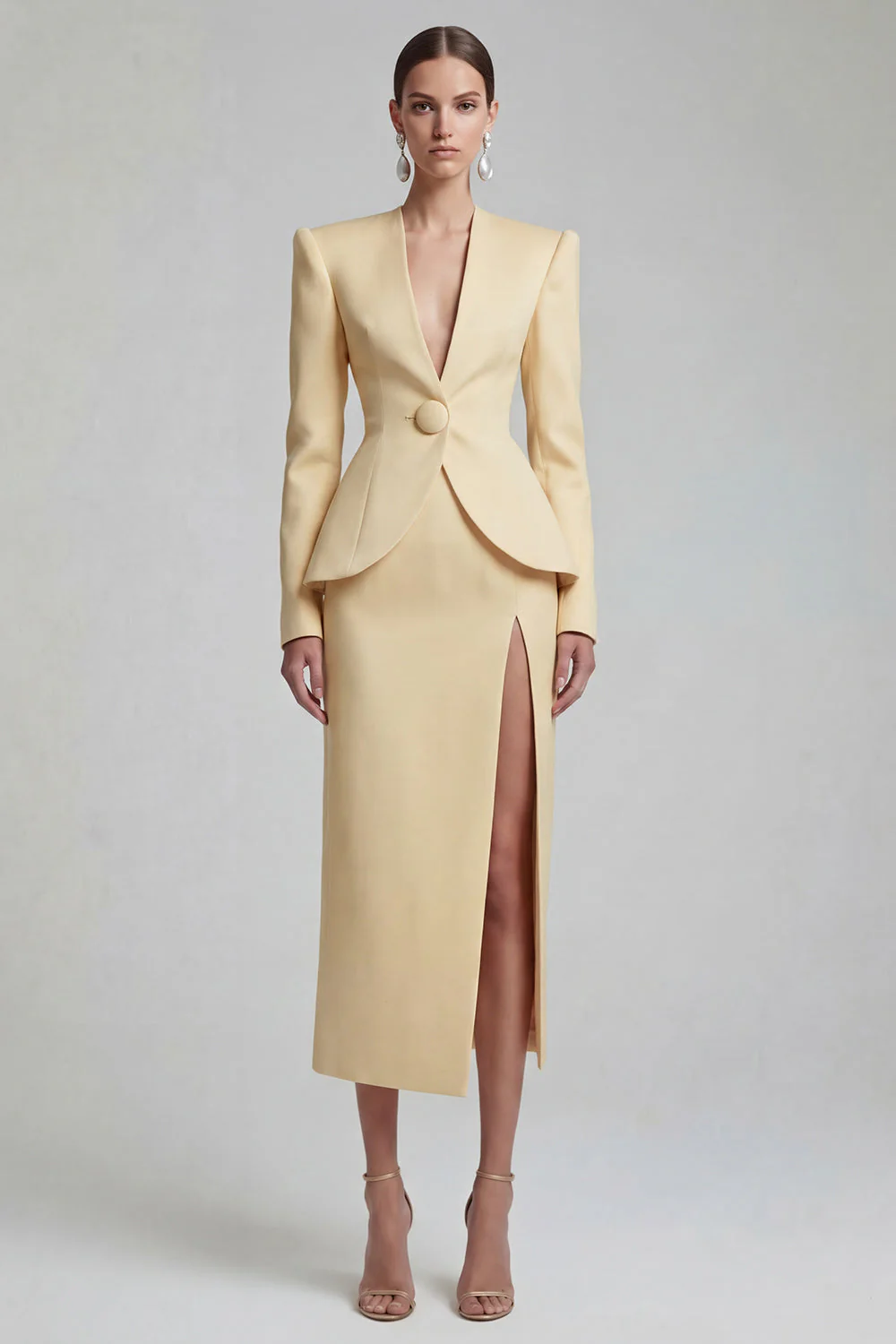 Green 2 Piece Single Breasted Shawl Lapel Work Dress with Slit - Image 9