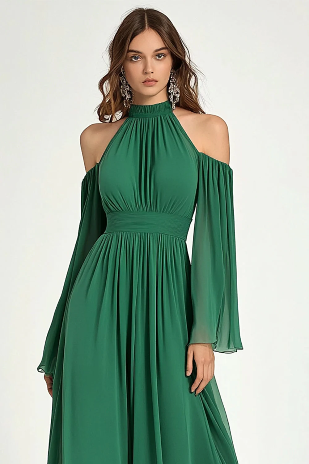 Green A Line Cold Shoulder Halter Long Mother Of the Bride Dress - Image 2