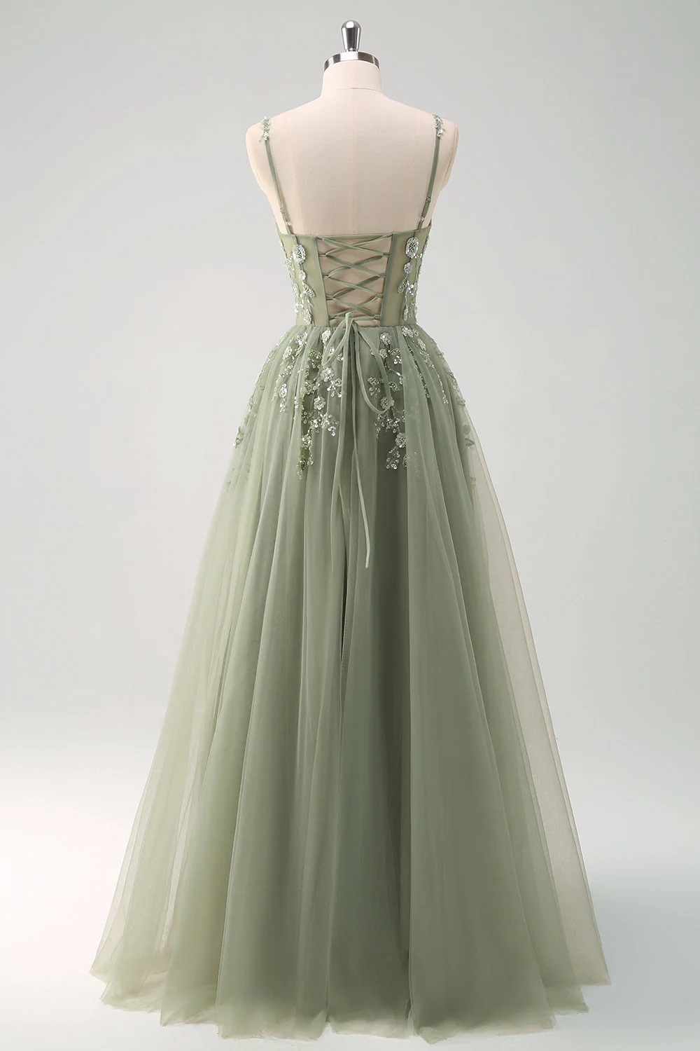 Green A Line Corset Sequin Tulle Long Prom Dress with Lace Up Back - Image 10