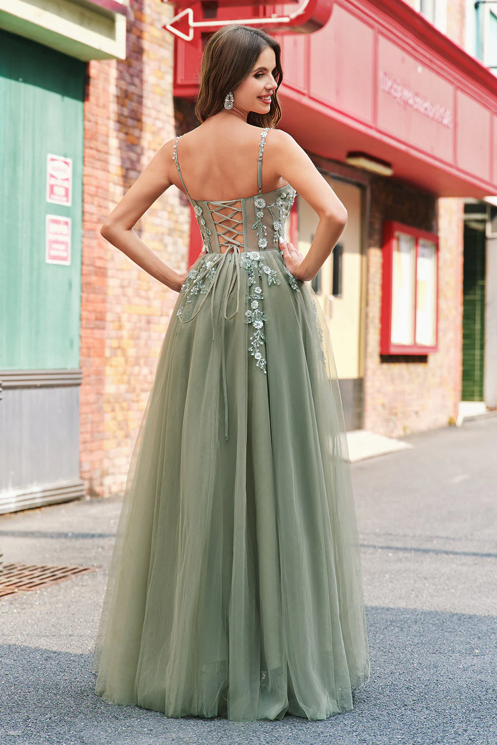 Green A Line Corset Sequin Tulle Long Prom Dress with Lace Up Back - Image 2