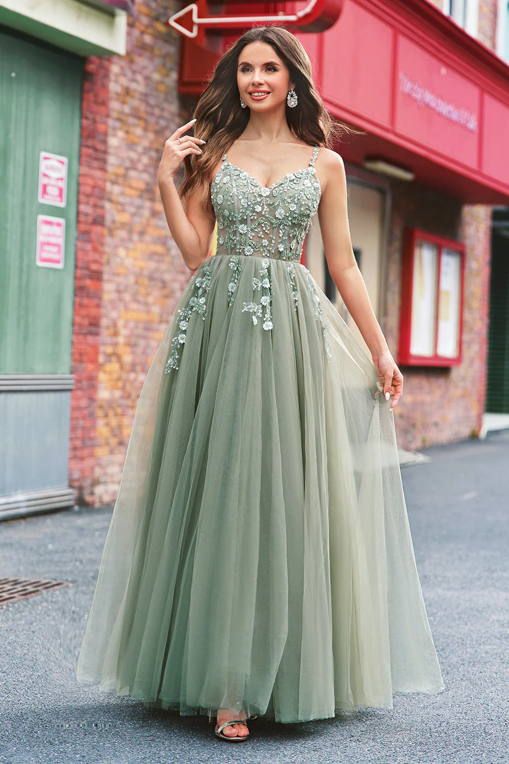 Green A Line Corset Sequin Tulle Long Prom Dress with Lace Up Back - Image 3
