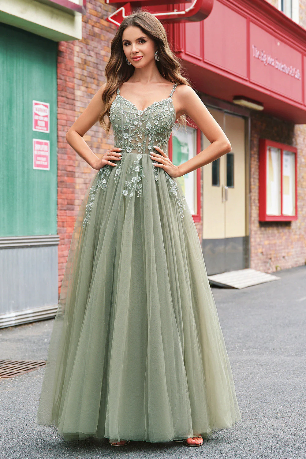 Green A Line Corset Sequin Tulle Long Prom Dress with Lace Up Back - Image 4