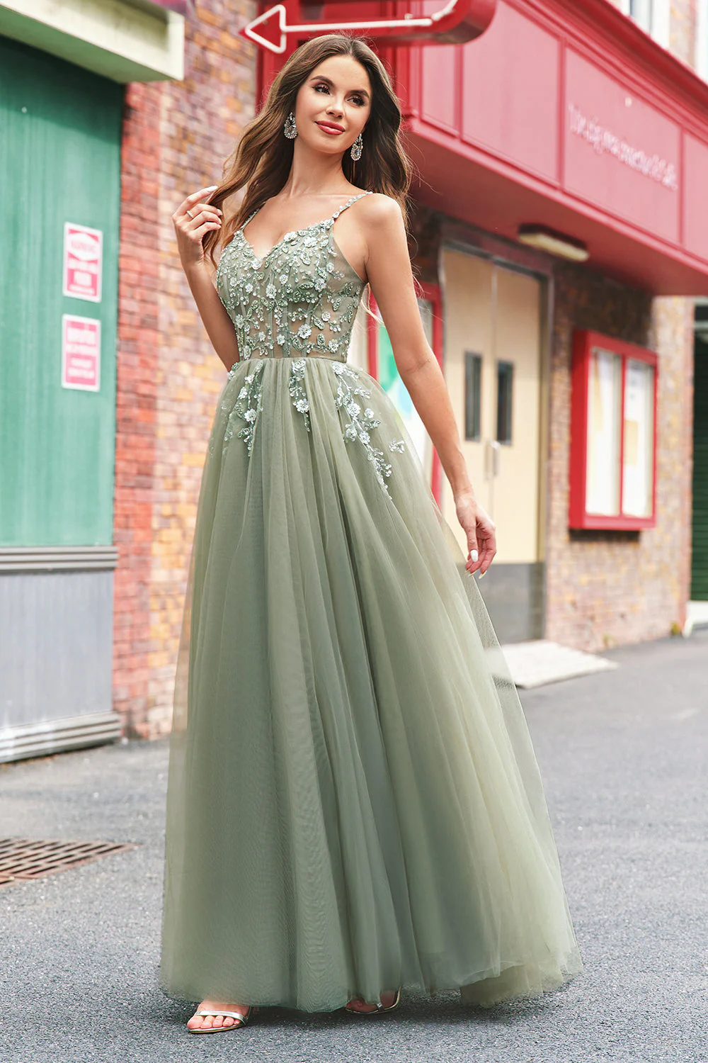Green A Line Corset Sequin Tulle Long Prom Dress with Lace Up Back - Image 6