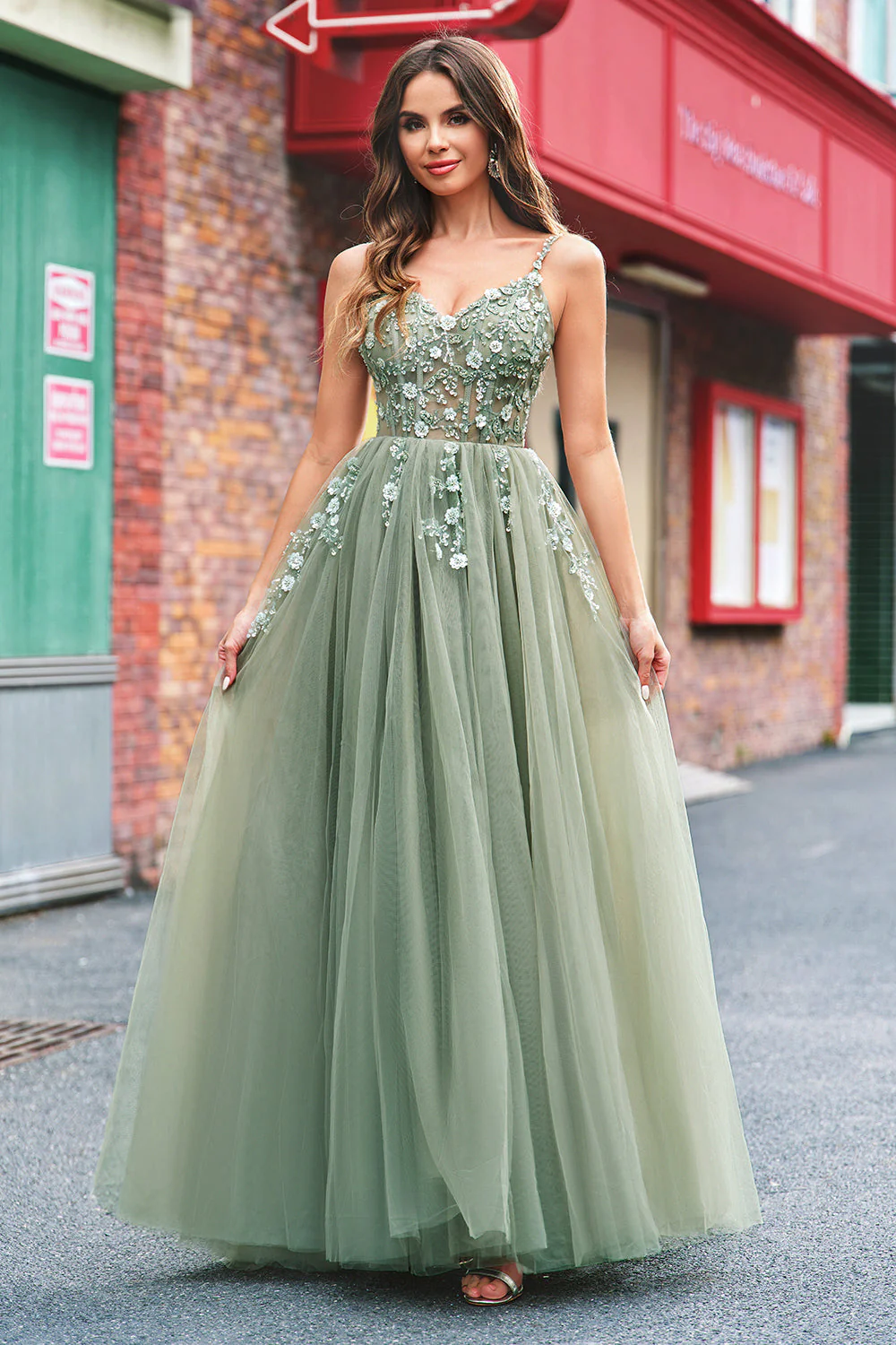 Green A Line Corset Sequin Tulle Long Prom Dress with Lace Up Back - Image 7