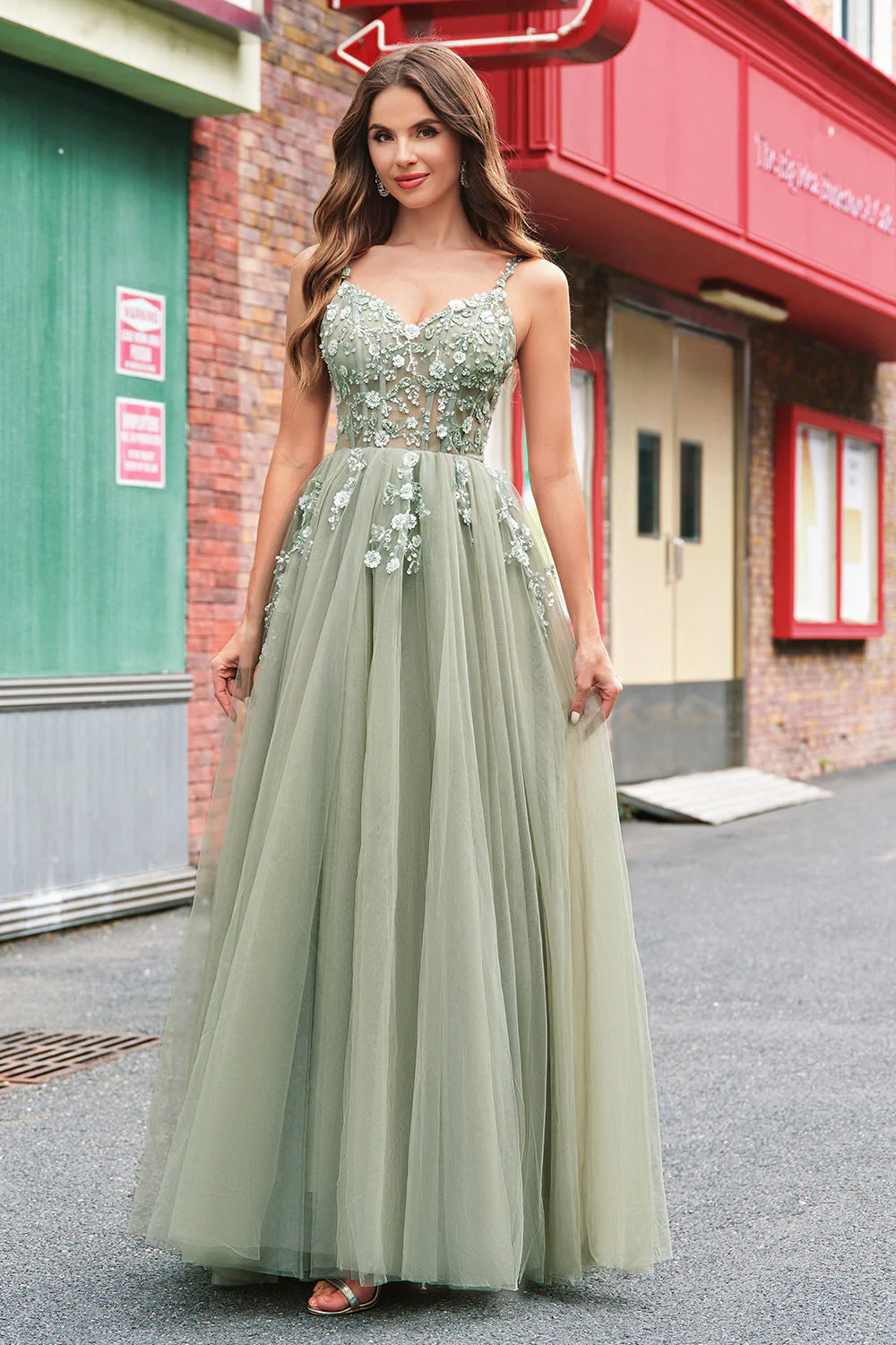 Green A Line Corset Sequin Tulle Long Prom Dress with Lace Up Back - Image 8