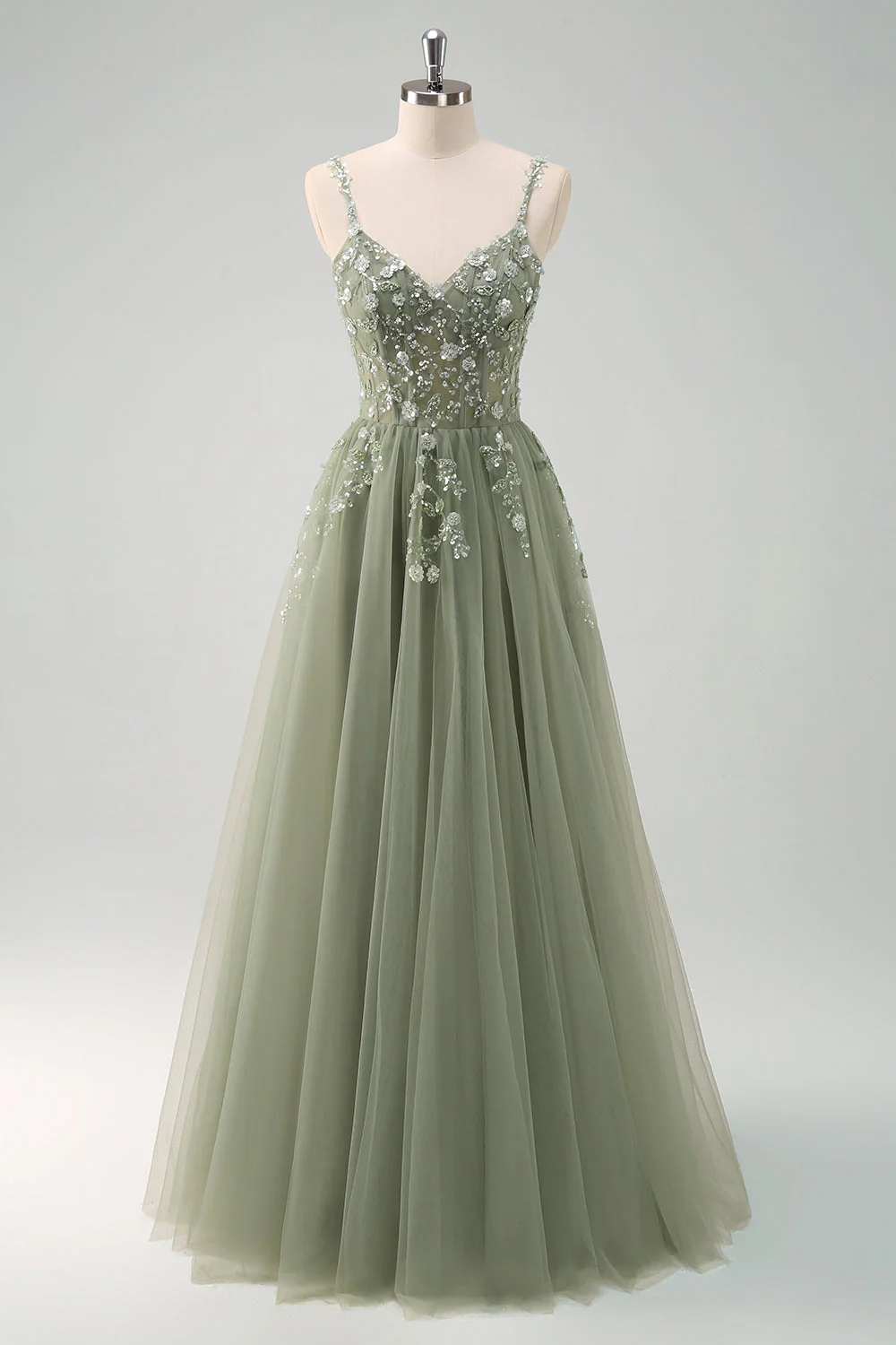 Green A Line Corset Sequin Tulle Long Prom Dress with Lace Up Back - Image 9