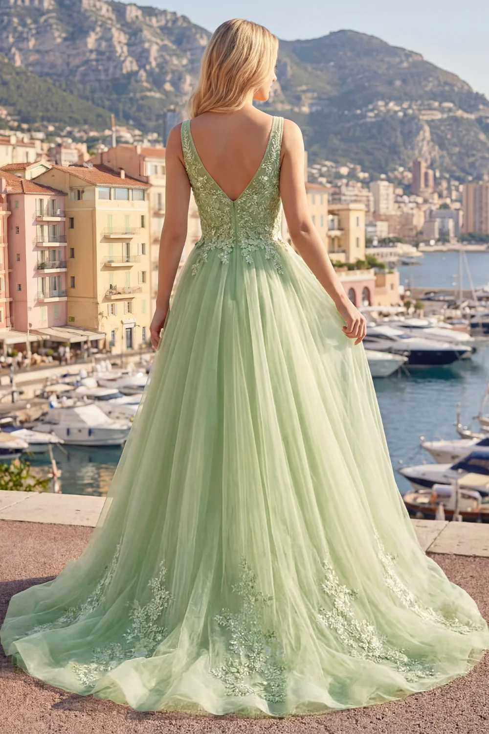 Green A Line Embroidered Spaghetti Straps Long Tulle Prom Dress - Image 2