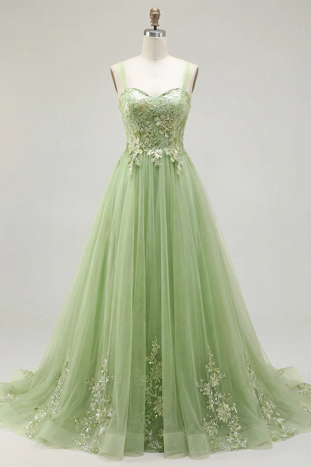 Green A Line Embroidered Spaghetti Straps Long Tulle Prom Dress - Image 3