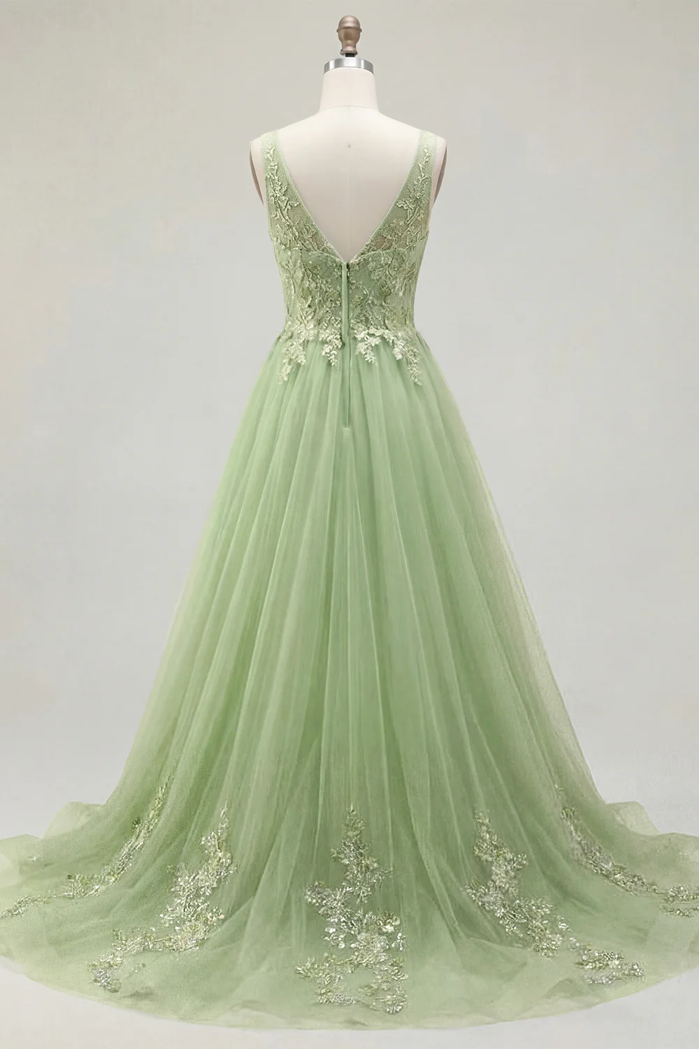 Green A Line Embroidered Spaghetti Straps Long Tulle Prom Dress - Image 4
