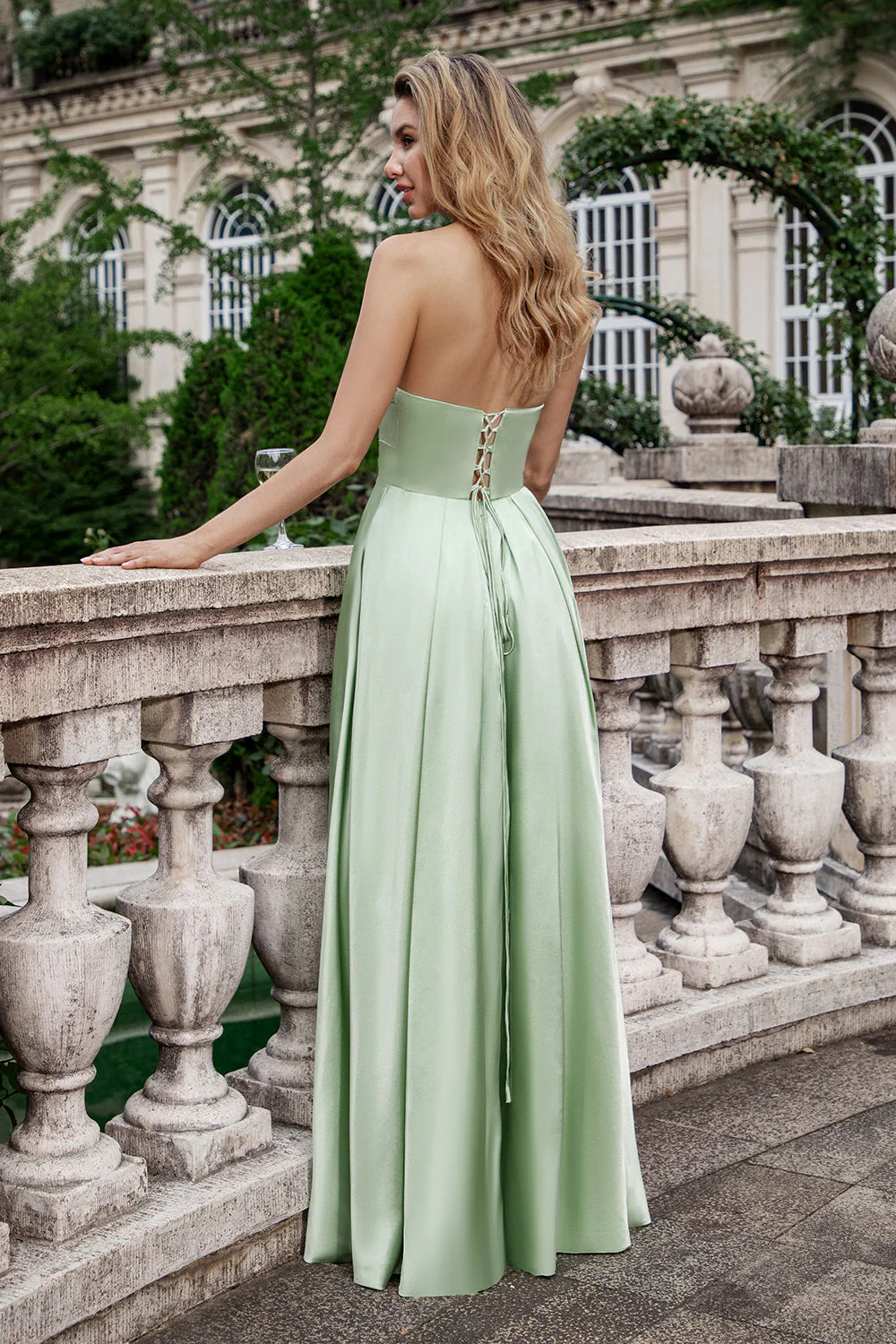 Green A Line Pleated Strapless Keyhole Long Bridesmaid Dress With Slit - Image 2