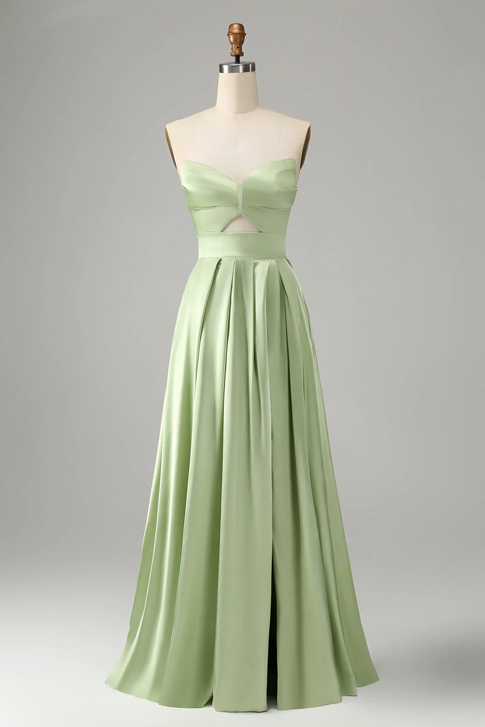Green A Line Pleated Strapless Keyhole Long Bridesmaid Dress With Slit - Image 3