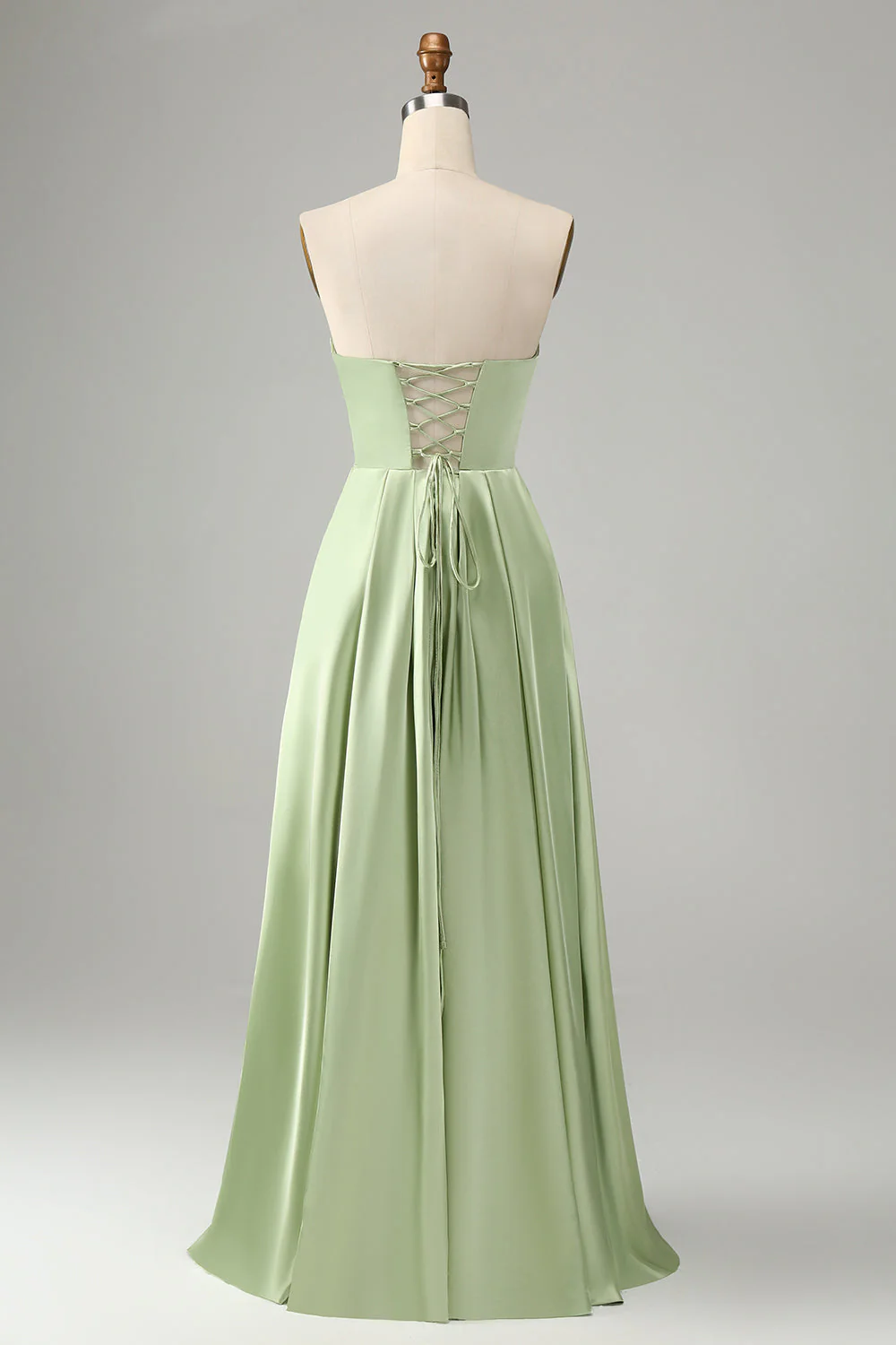 Green A Line Pleated Strapless Keyhole Long Bridesmaid Dress With Slit - Image 4
