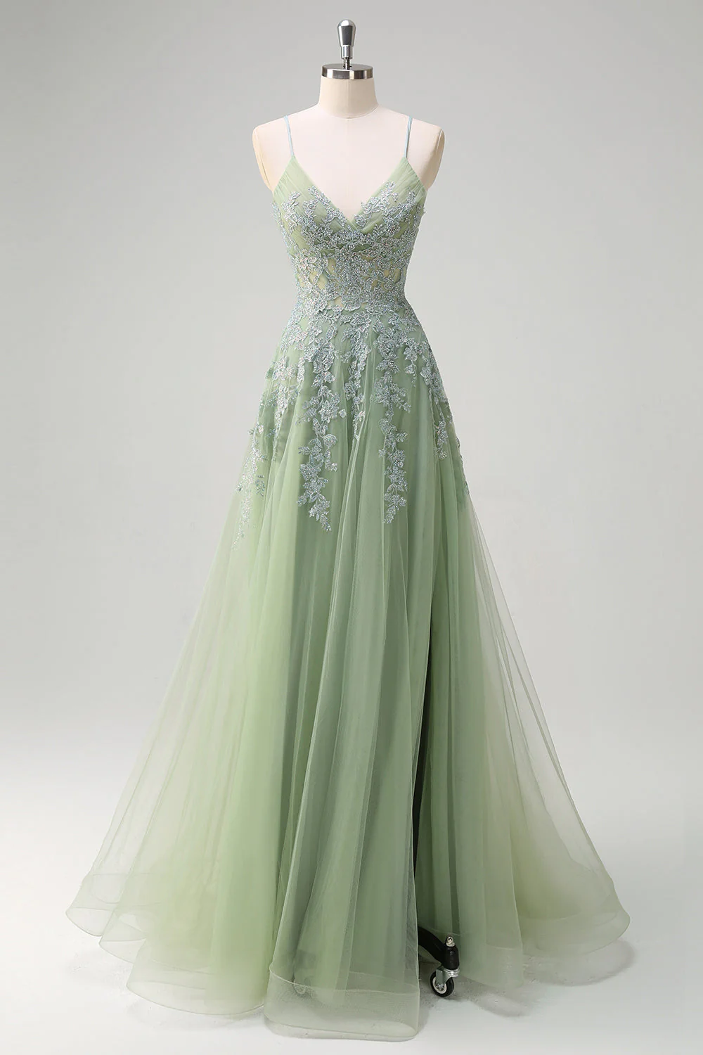 Green A Line Spaghetti Straps Tulle Beaded Long Prom Dress with Slit