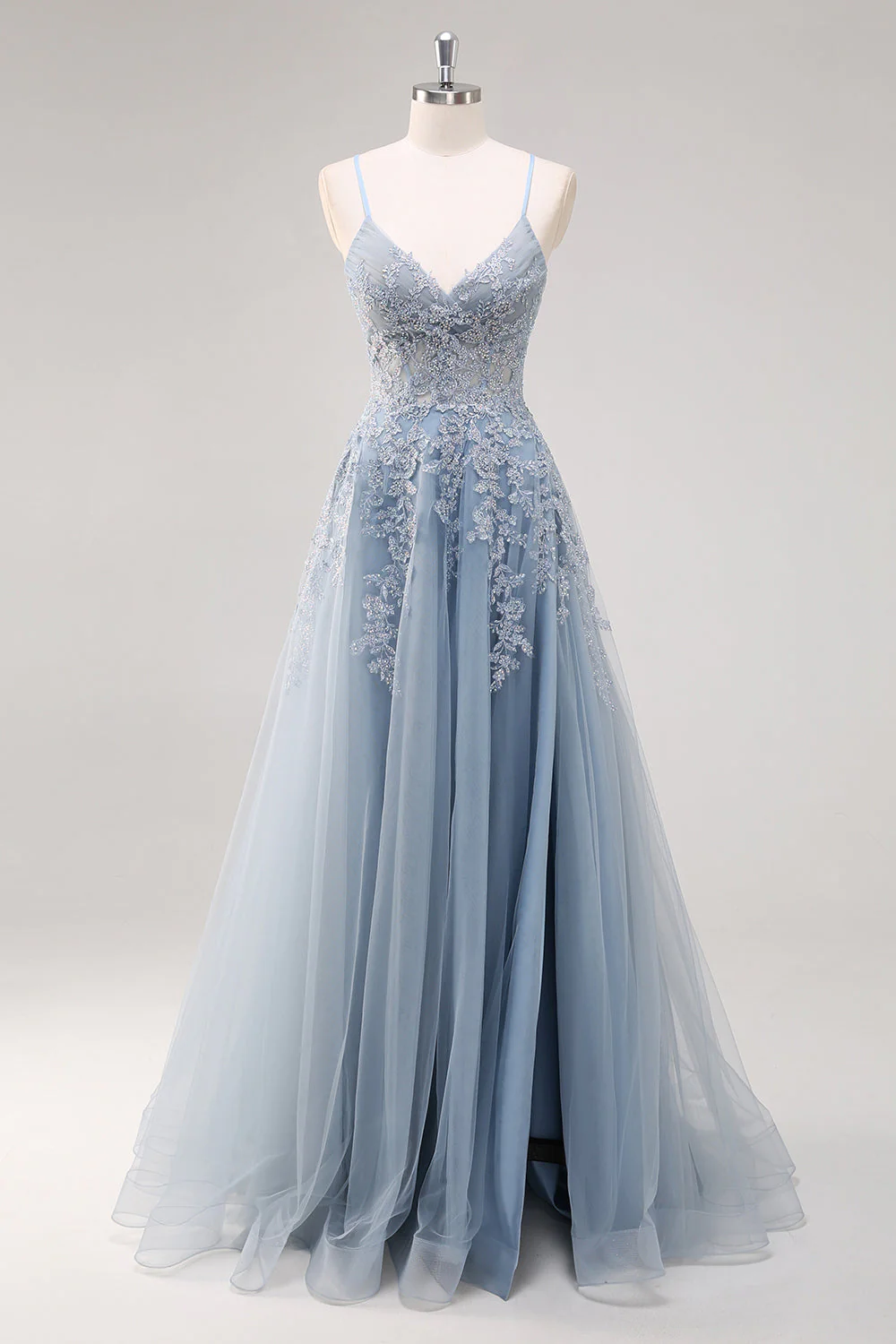 Green A Line Spaghetti Straps Tulle Beaded Long Prom Dress with Slit - Image 12