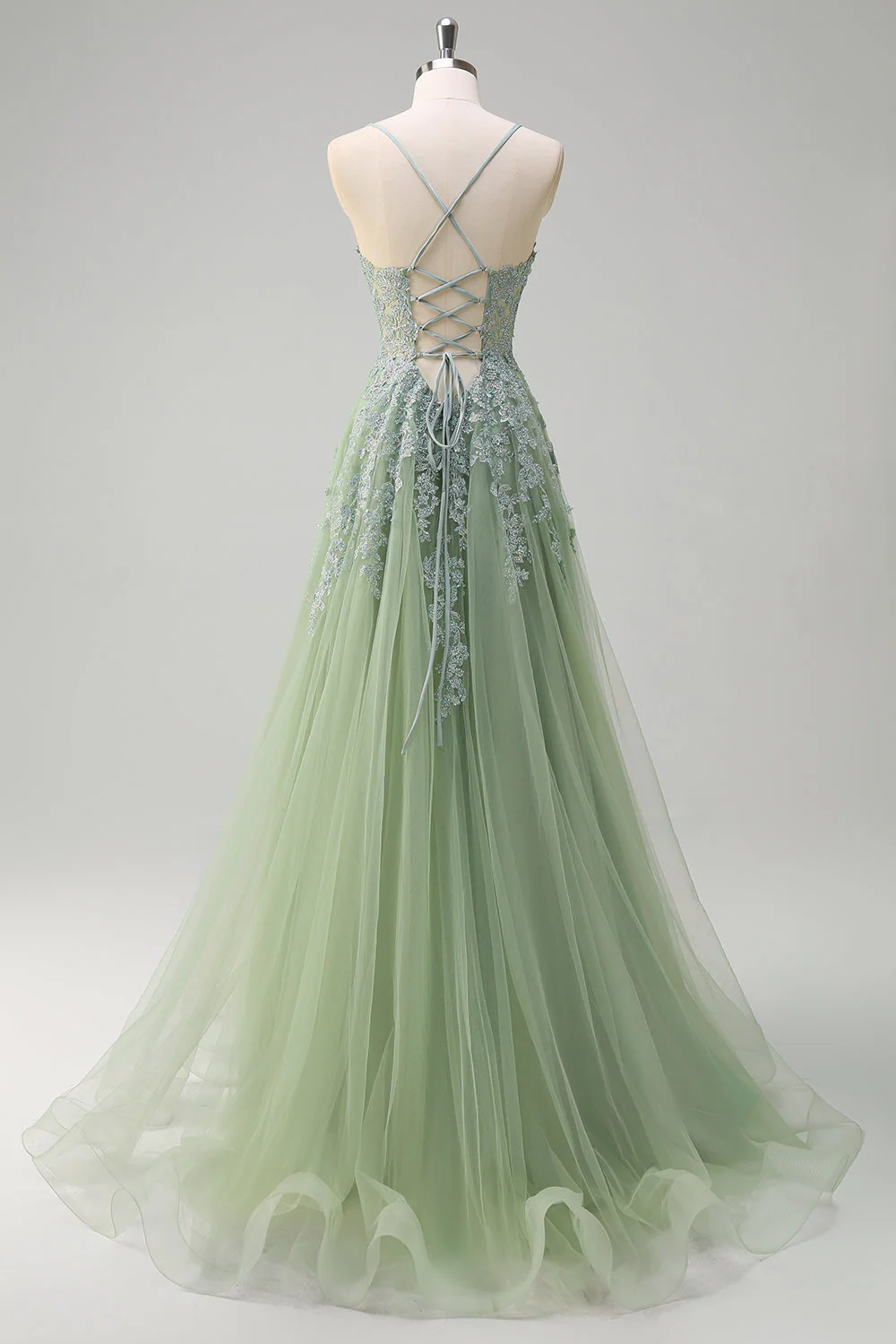Green A Line Spaghetti Straps Tulle Beaded Long Prom Dress with Slit - Image 2