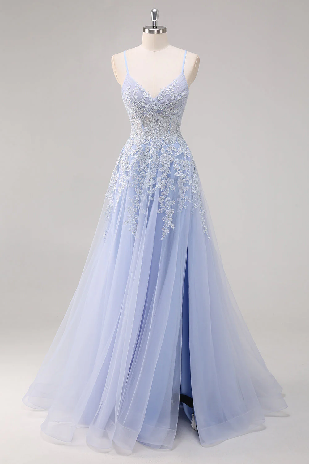 Green A Line Spaghetti Straps Tulle Beaded Long Prom Dress with Slit - Image 3