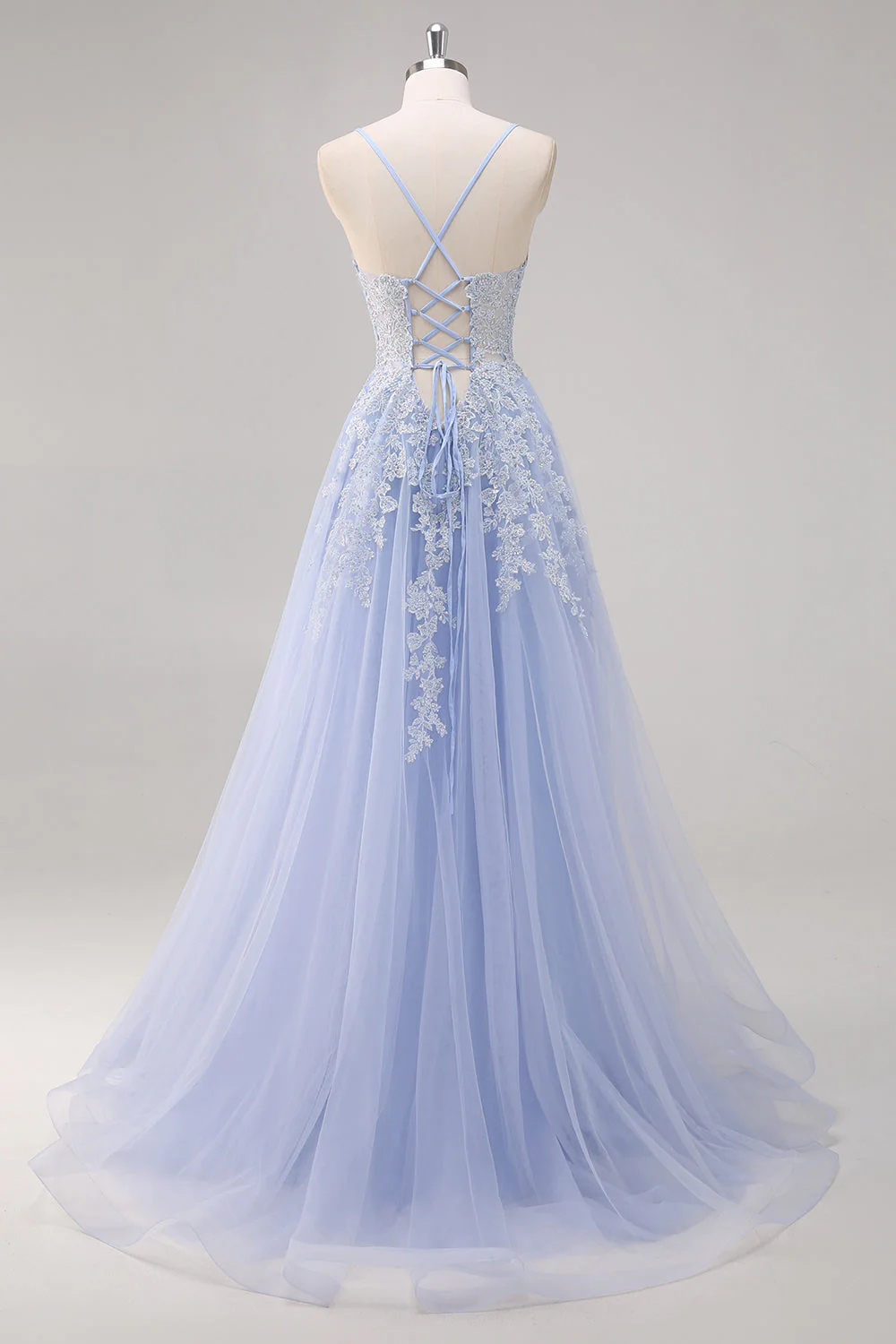 Green A Line Spaghetti Straps Tulle Beaded Long Prom Dress with Slit - Image 4