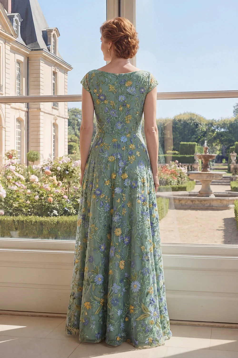 Green A-Line Embroidered V-Neck Long Mother Of the Bride Dress - Image 2