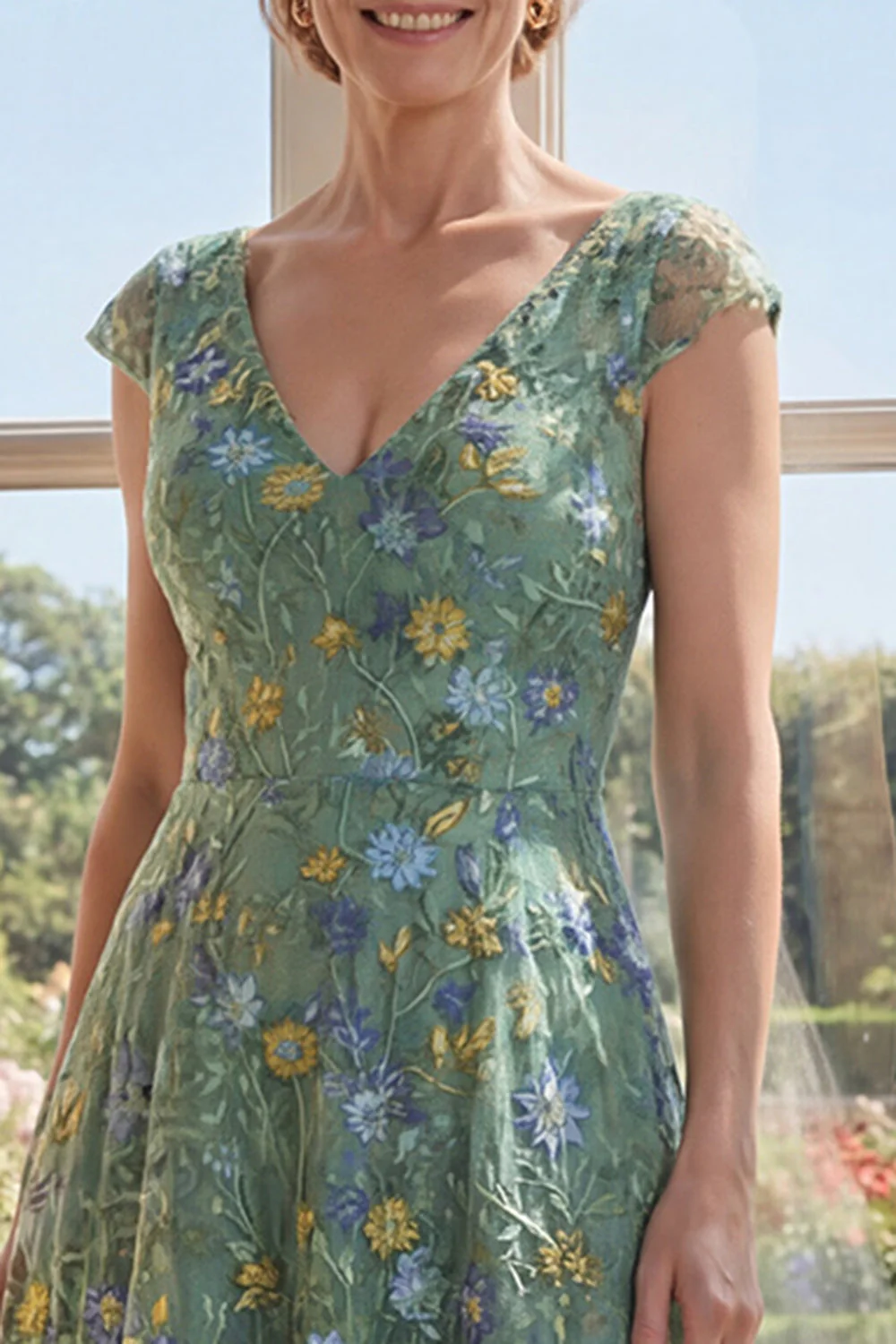 Green A-Line Embroidered V-Neck Long Mother Of the Bride Dress - Image 3