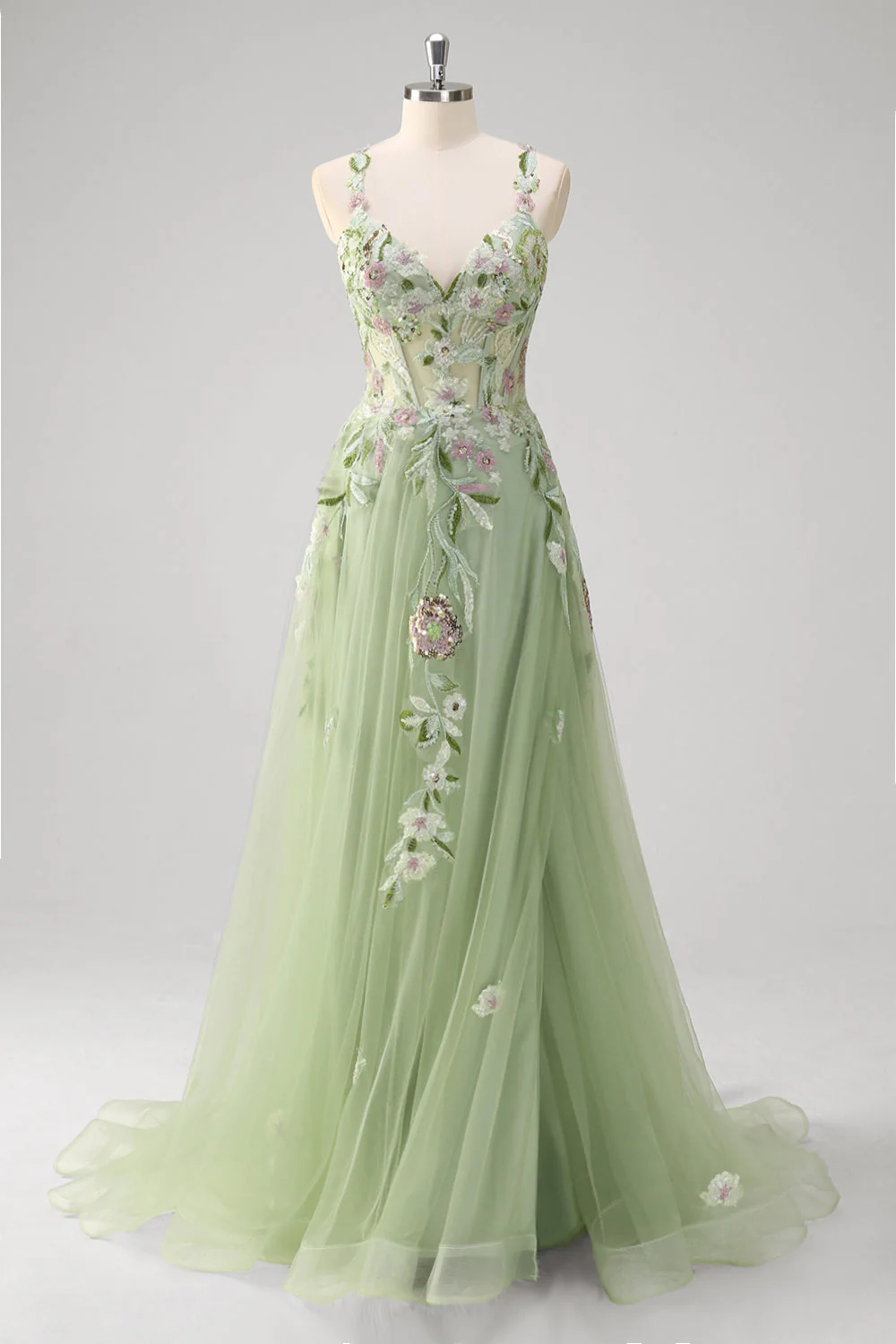 Green A Line Tulle Sequin Applique Corset Long Prom Dress with Slit - Image 3