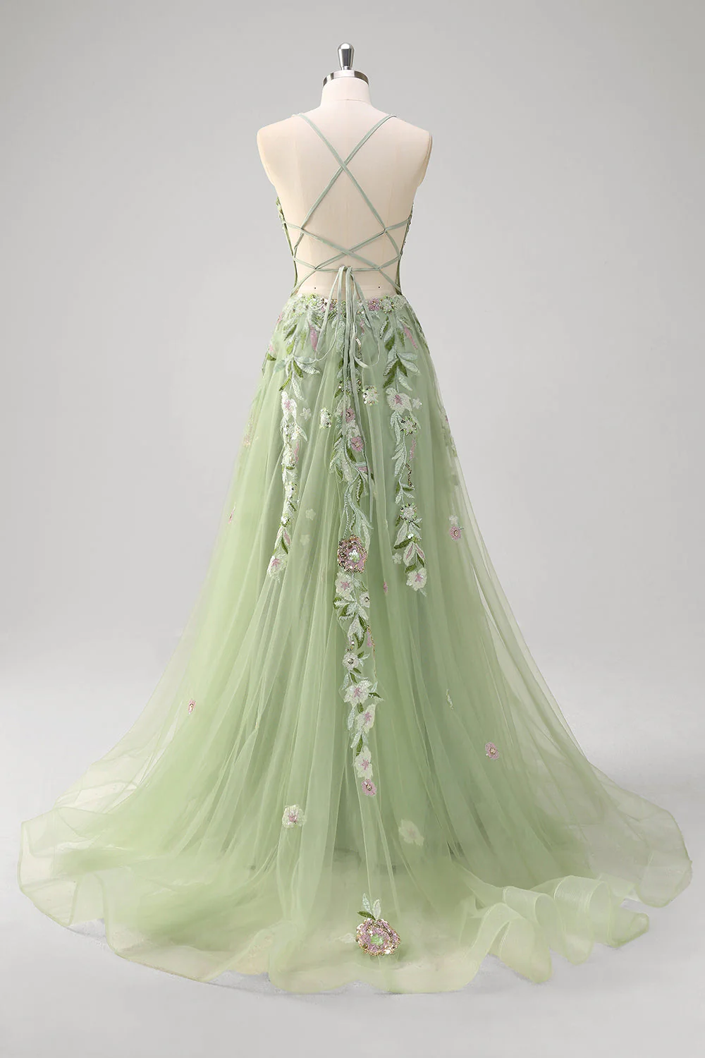 Green A Line Tulle Sequin Applique Corset Long Prom Dress with Slit - Image 4