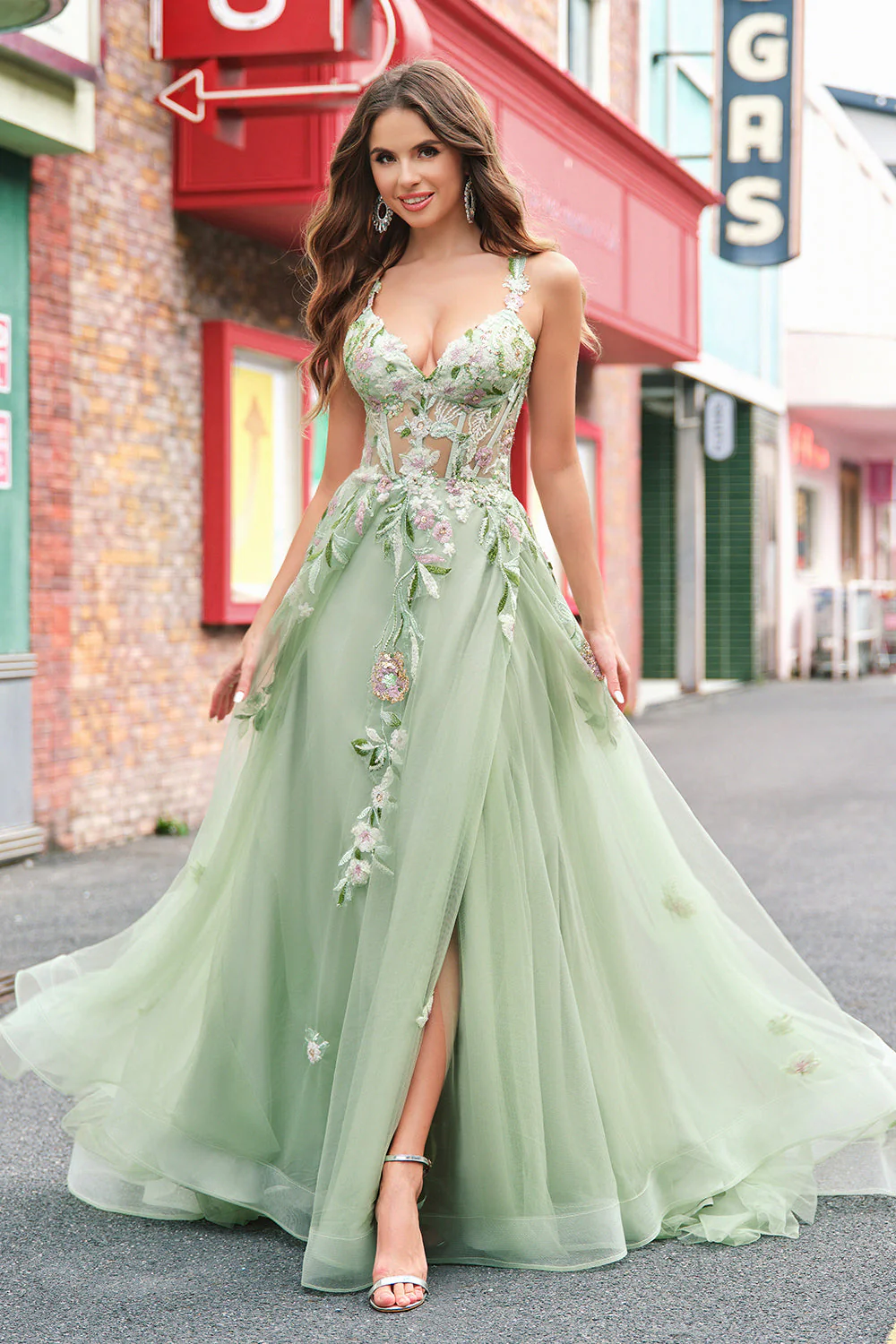 Green A Line Tulle Sequin Applique Corset Long Prom Dress with Slit - Image 7