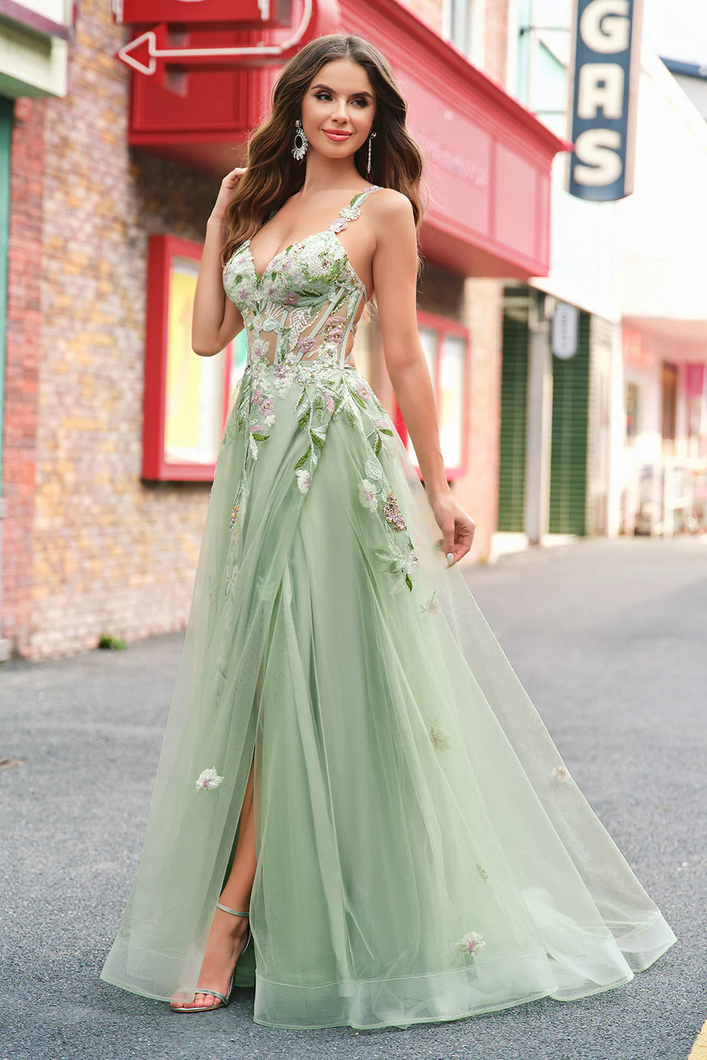 Green A Line Tulle Sequin Applique Corset Long Prom Dress with Slit - Image 9