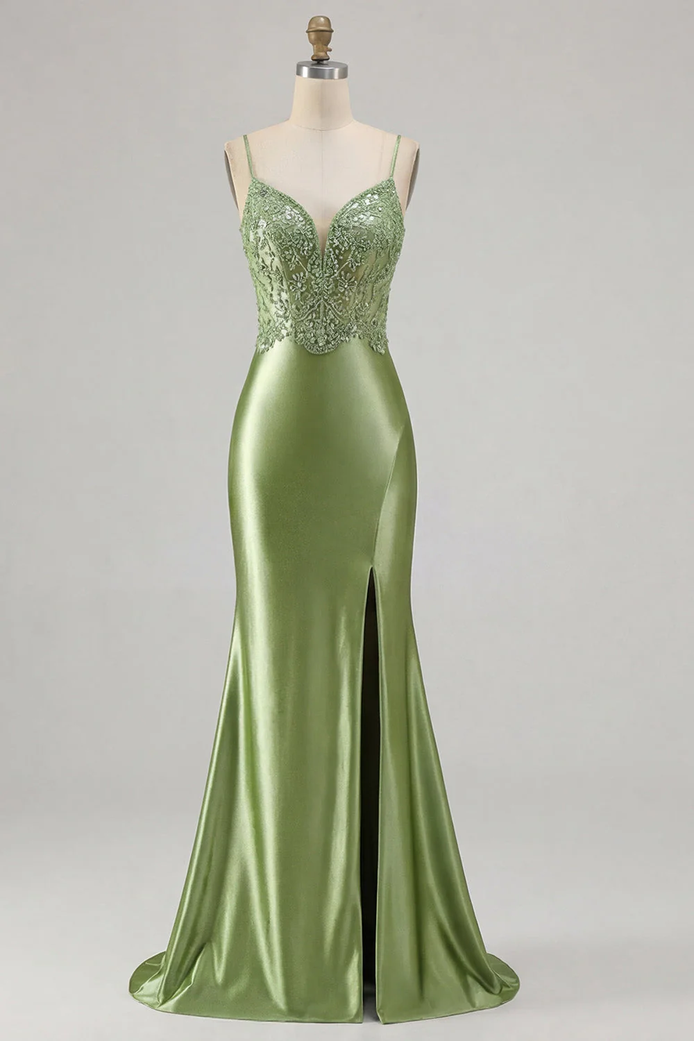 Green Mermaid Satin Lace Up Back Long Prom Dress with Slit - Image 5