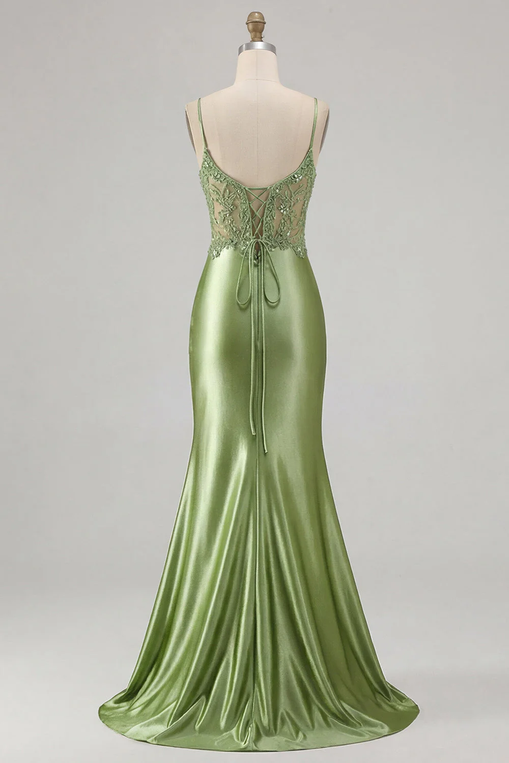 Green Mermaid Satin Lace Up Back Long Prom Dress with Slit - Image 6