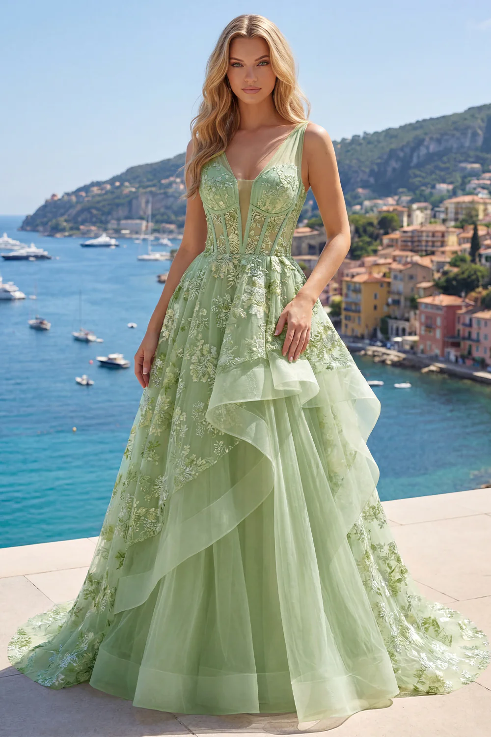 Green Floral Ruffled Princess Embroidered Corset Long Prom Dress