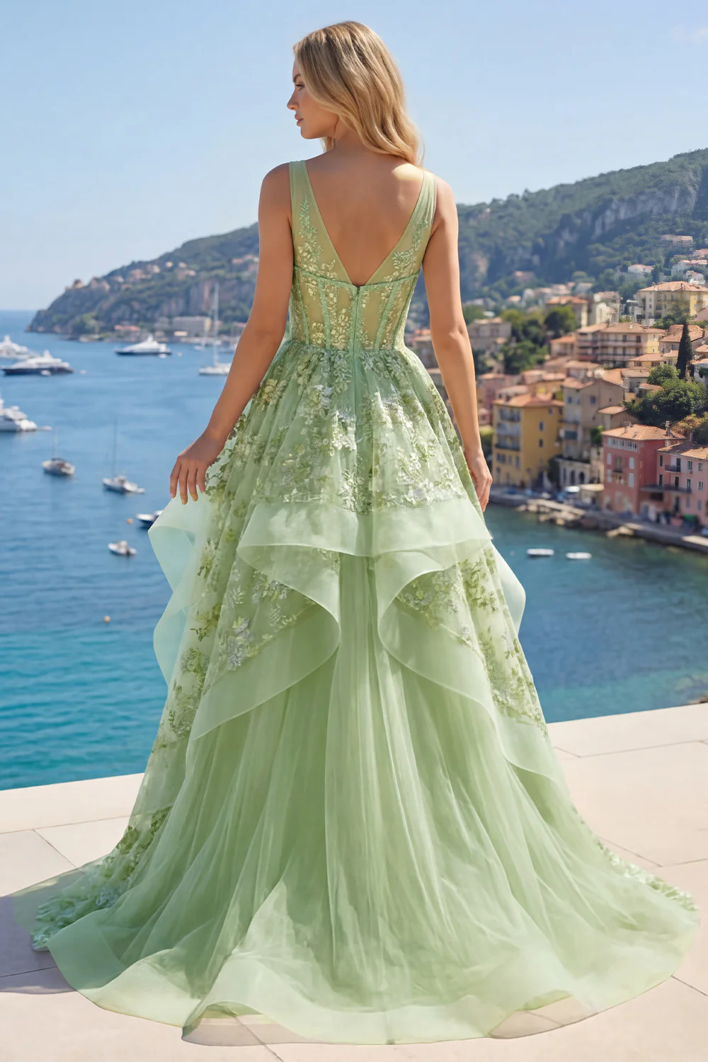 Green Floral Ruffled Princess Embroidered Corset Long Prom Dress - Image 2